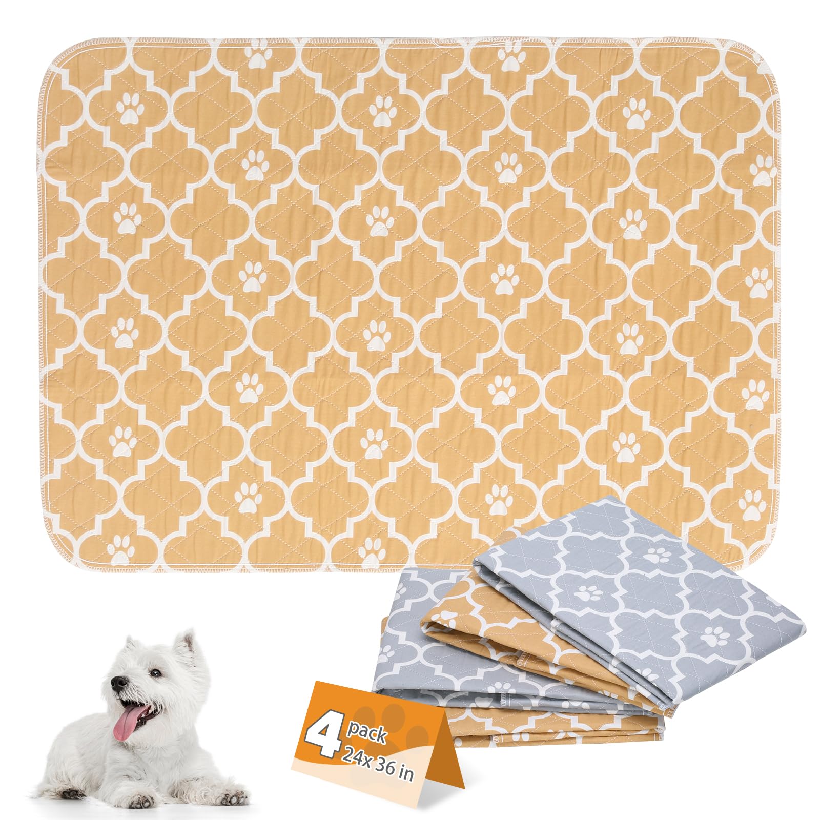 KOOLTAIL Washable Pee Pads for Dogs, 4 Packs Super Absorbent Leakproof &amp; Non-Slip Dog Pee Pad Large, Reusable Puppy Training Pads Waterproof, Pet Mat Rug for Whelping,Floor,Crate Cats Animals, 24"x36"