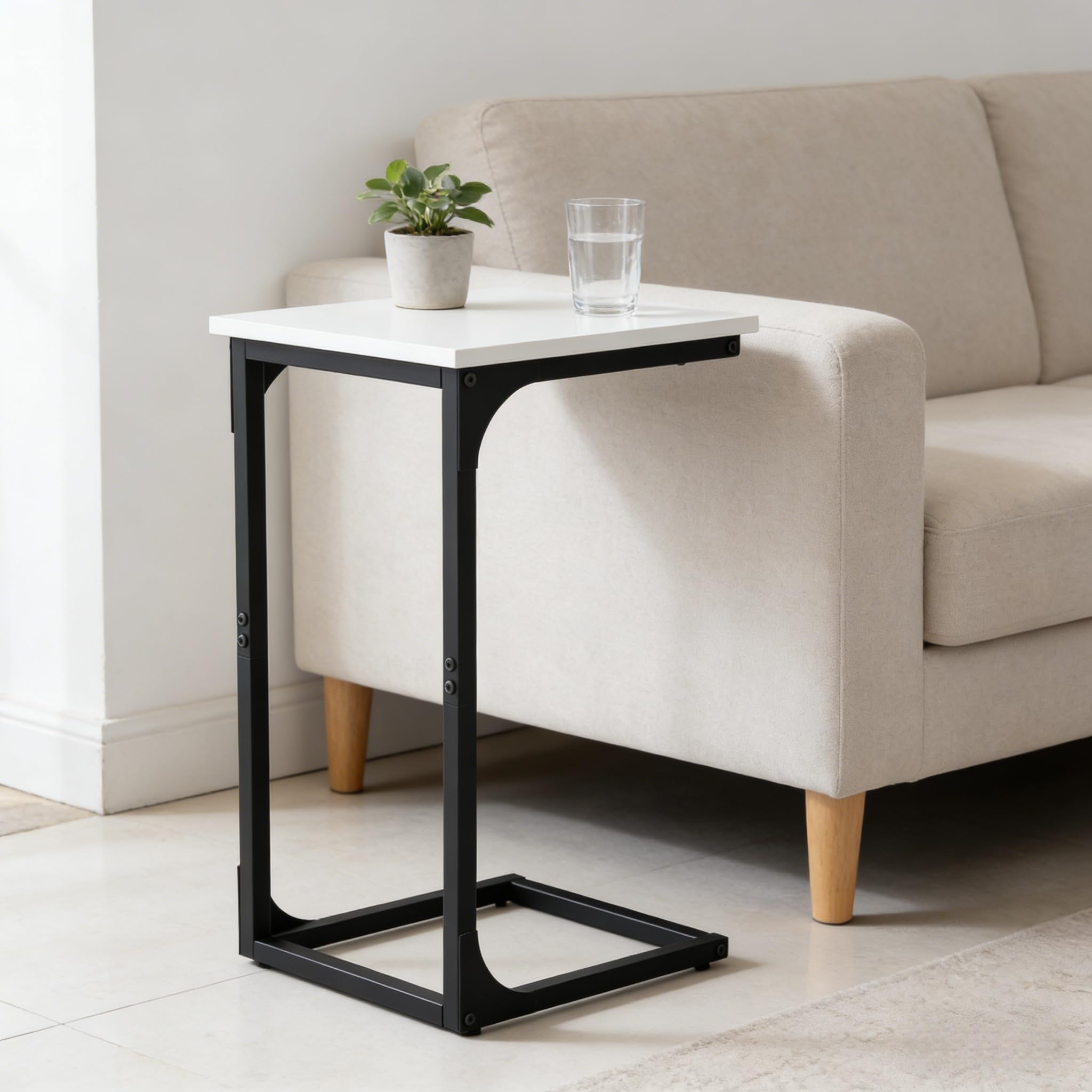 Panana Compact Sofa Side End Table Coffee Laptop Table Living Room Bedroom,C-Shaped Bedside Table with Metal Frame (White)