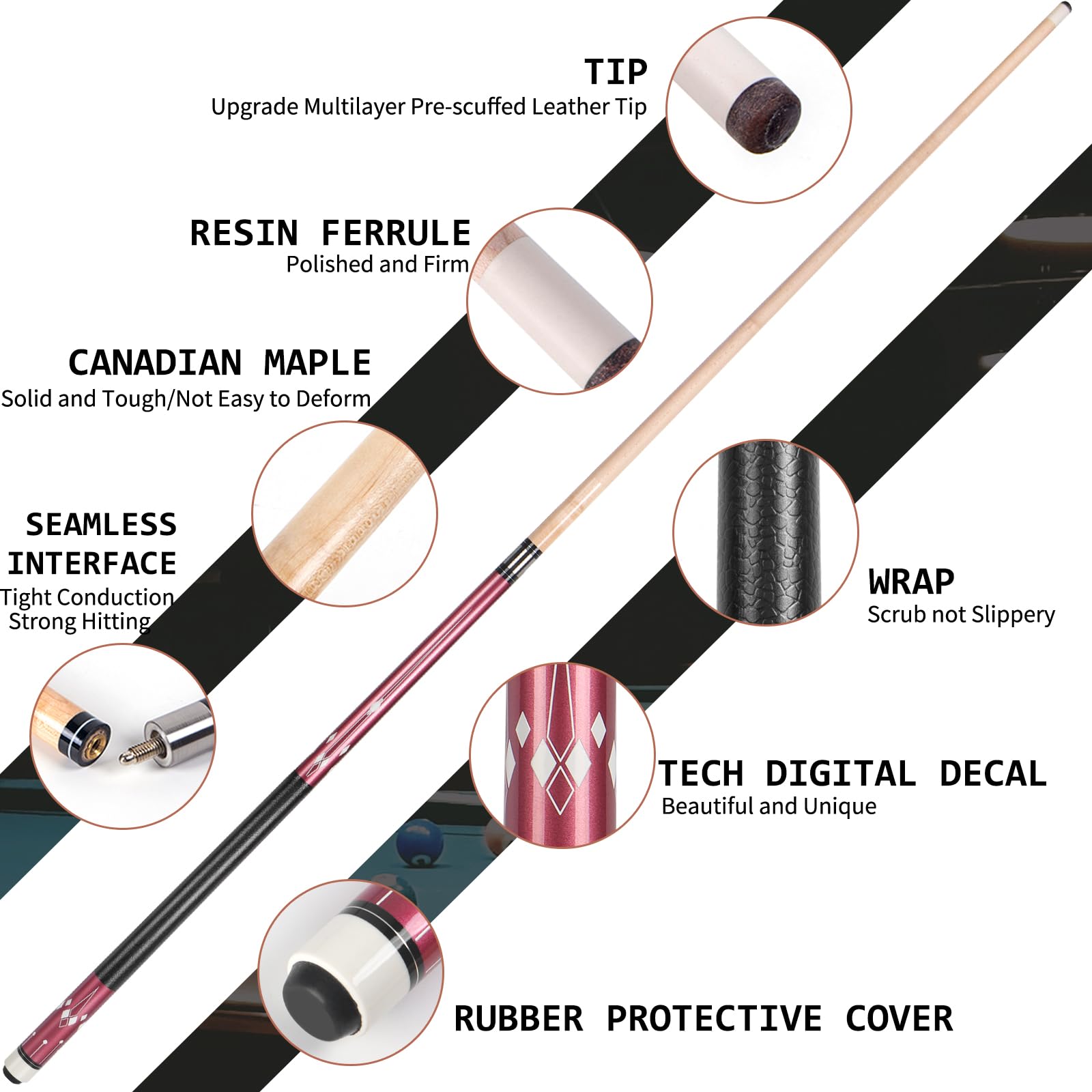 Lotmusic Billard-Queue-Set, 1/2 geteilt, abnehmbare Billardqueue-Sticks, Gewicht 510-595 g, Hartholz, Kanada-Ahorn, Pool-Queue-Stick für Billard-Fans