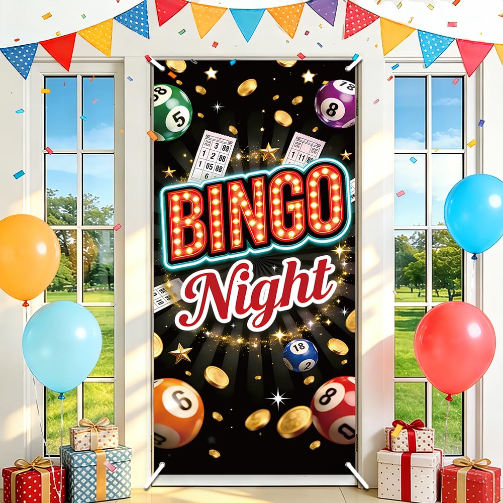 SUPERDANT Bingo Night Fabric Door Cover Large Size Party Decorations Banner with Hanging Grommets Durable Washable Photo Background Reusable for Themed Events 185x90cm