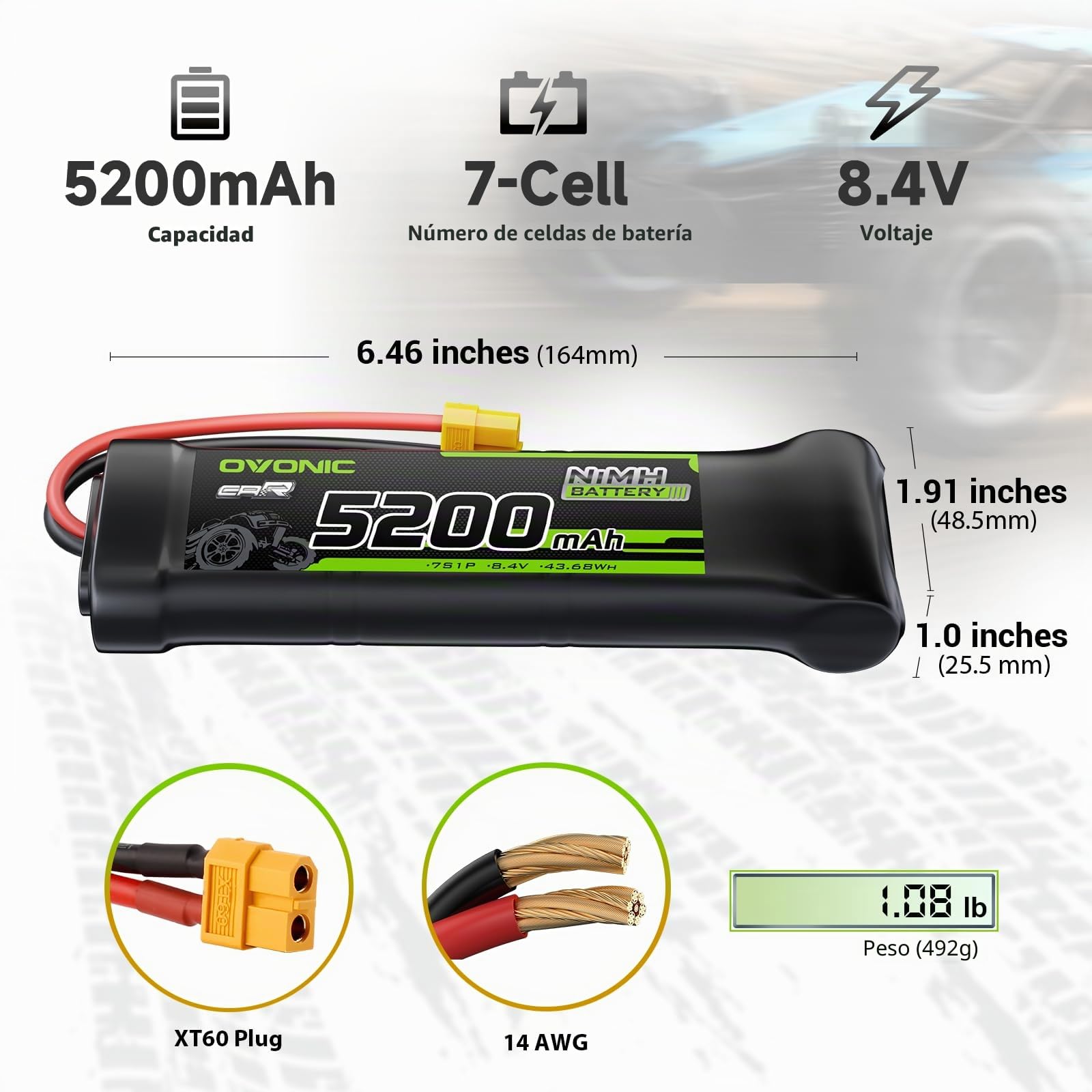 OVONIC Batería plana de 8,4 V NiMH RC 5200 mAh con conector XT60 y TRA para coche RC Truck Truggy (2 paquetes)