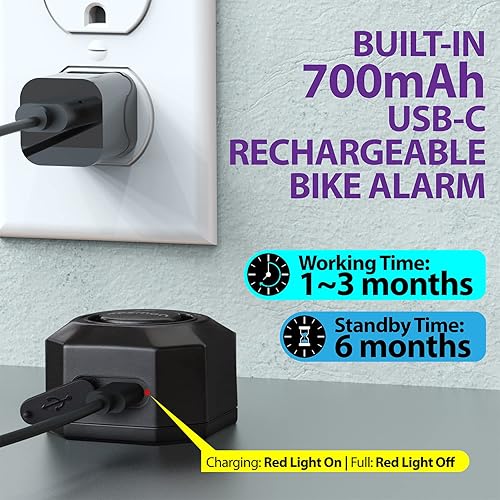 Miniatura 6 de Fosmon Alarma de bicicleta recargable USB-C con control remoto, impermeable IP55, inalámbrica, sensor de vibración y movimiento de 110dB, sistema de