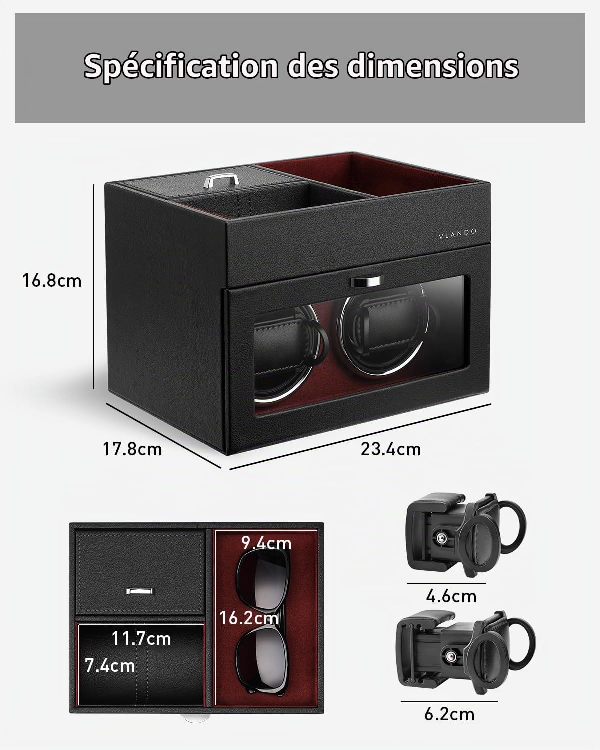 Vlando Remontoir à Montres Automatique 2 Montres, Remontoir Montre en Cuir avec Pochette de Rangement pour Bijoux, Moteurs Silencieux Japonais, éclairage LED, Adaptateur Secteur