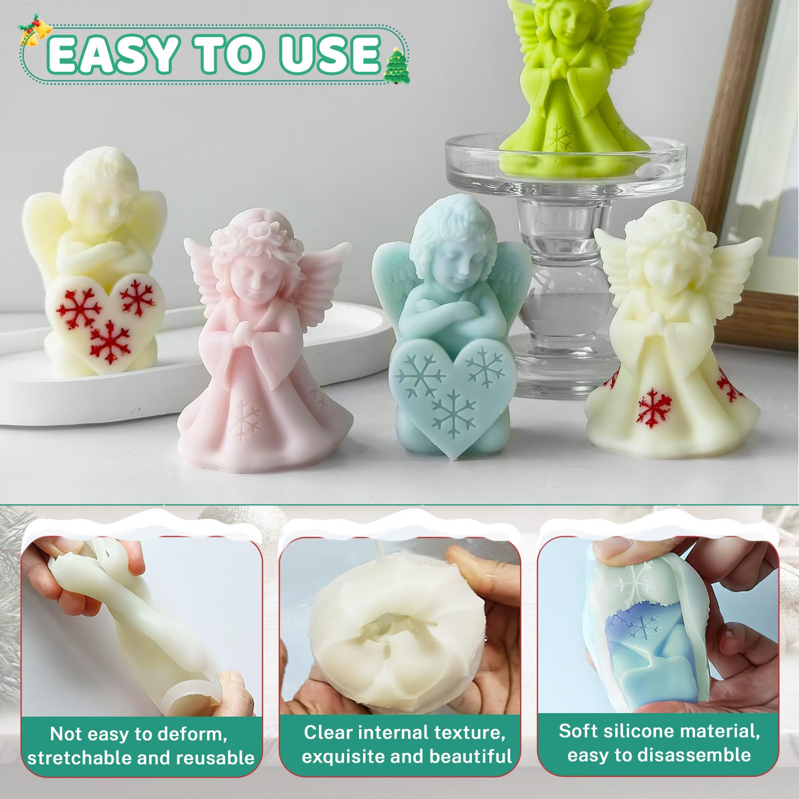 Stampi per Candele Natalizie, Stampi in Silicone per Candele, 2 Pezzi 3D Stampo per Candele Albero di Natale, Candle Mould per Candele Profumate Sapone, Decorazioni Natale (Angelo)