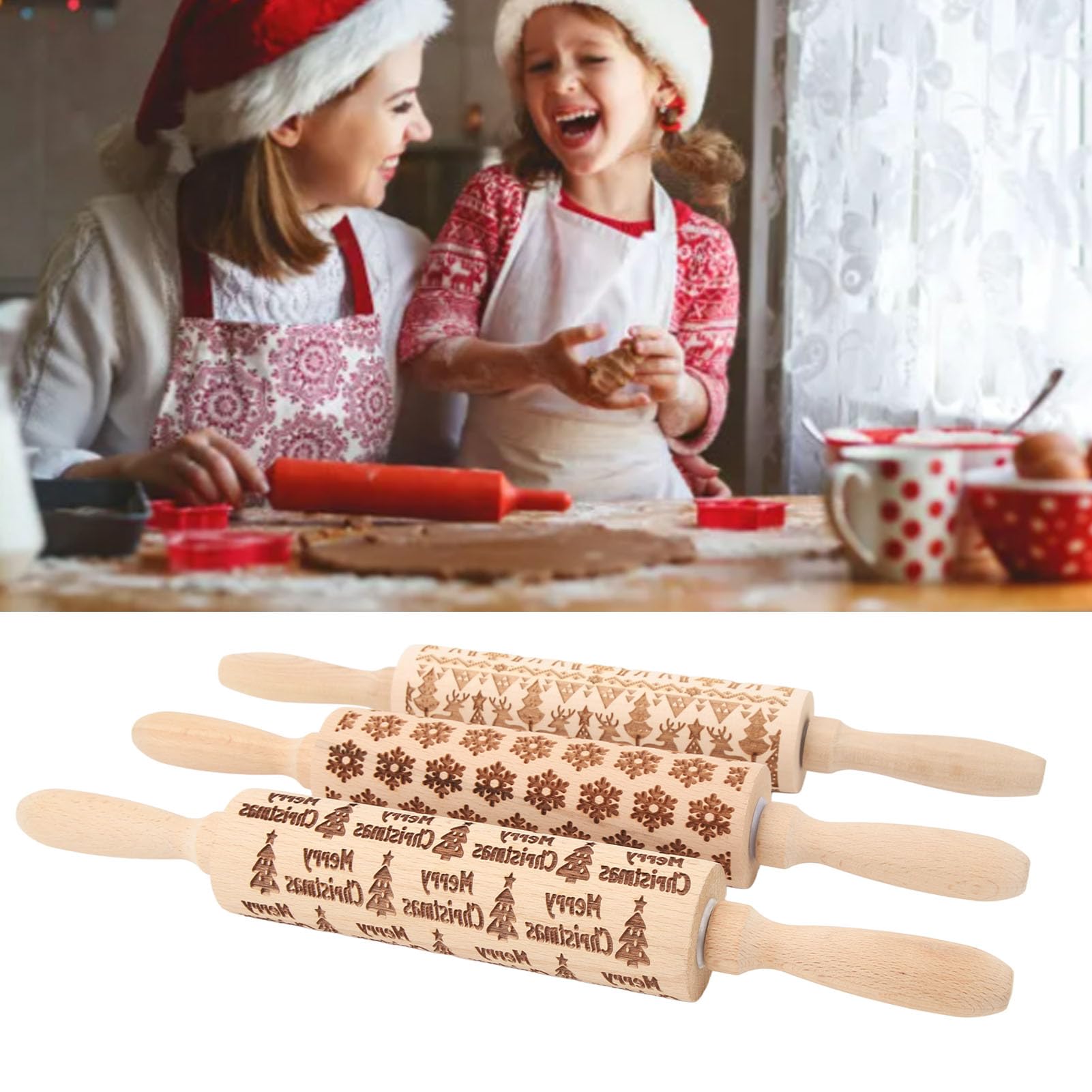 Rodillo en Relieve de 3 Piezas, Rodillos de Amasar en Relieve de Madera con Flor de Copo de Nieve Navideña, Renos y Rodamientos de Árbol de Navidad, Rodillos para Hornear