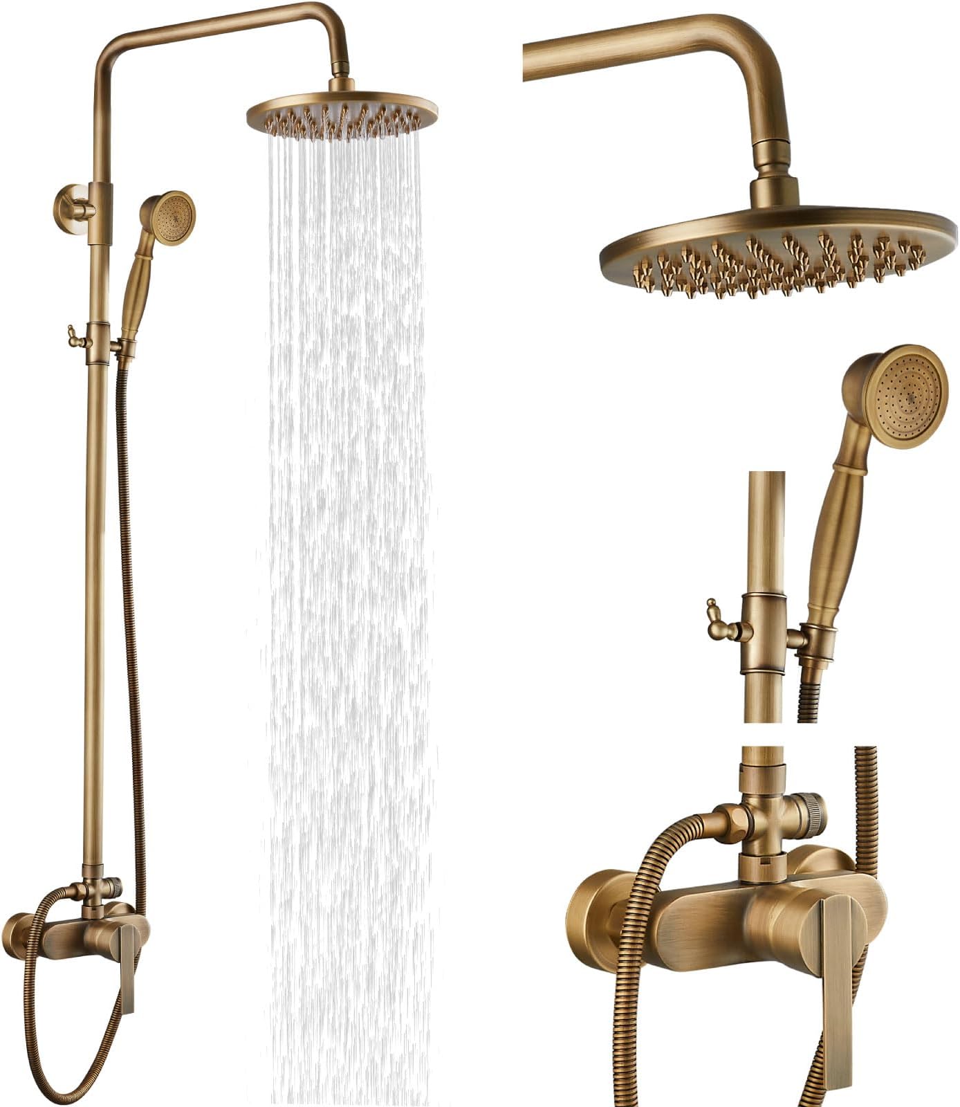 Airuida Antique Brass Exposed Pipe Shower System Single Handle 8 Inch Rainfall Shower Head Solid Copper Diverter Adjustable Shower Head Bar Modern Dual Functions Shower Faucet Combo Unit Set