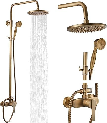 Airuida Sistema de ducha de tubo expuesto de latón antiguo, accesorio de ducha de un solo mango de 8 pulgadas, cabezal de ducha de lluvia ajustable,