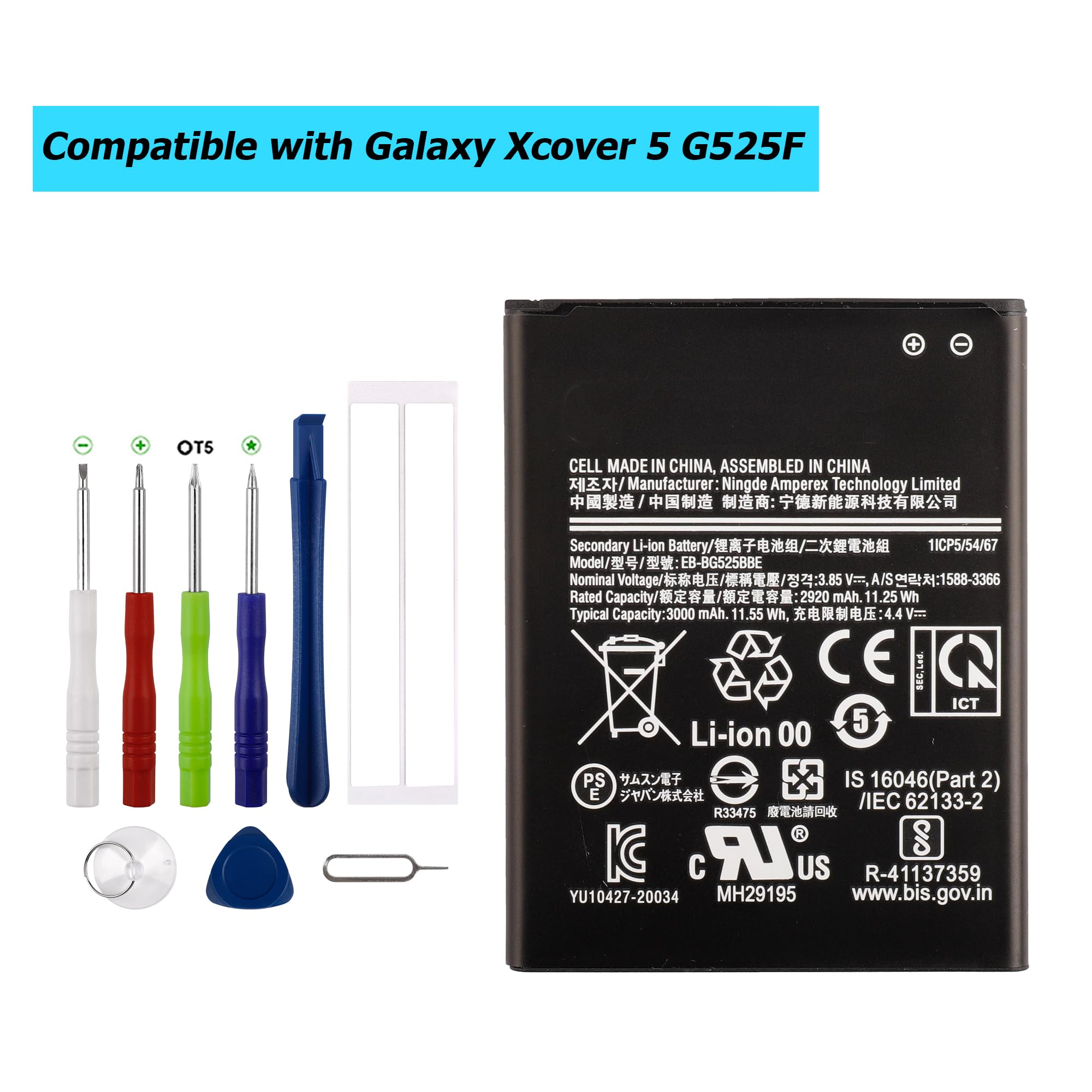 Batterie Compatible Samsung Galaxy Xcover 5 (G525F) - Référence EB-BG525BBE - 2920 MAh - Avec Outils De Remplacement - 6