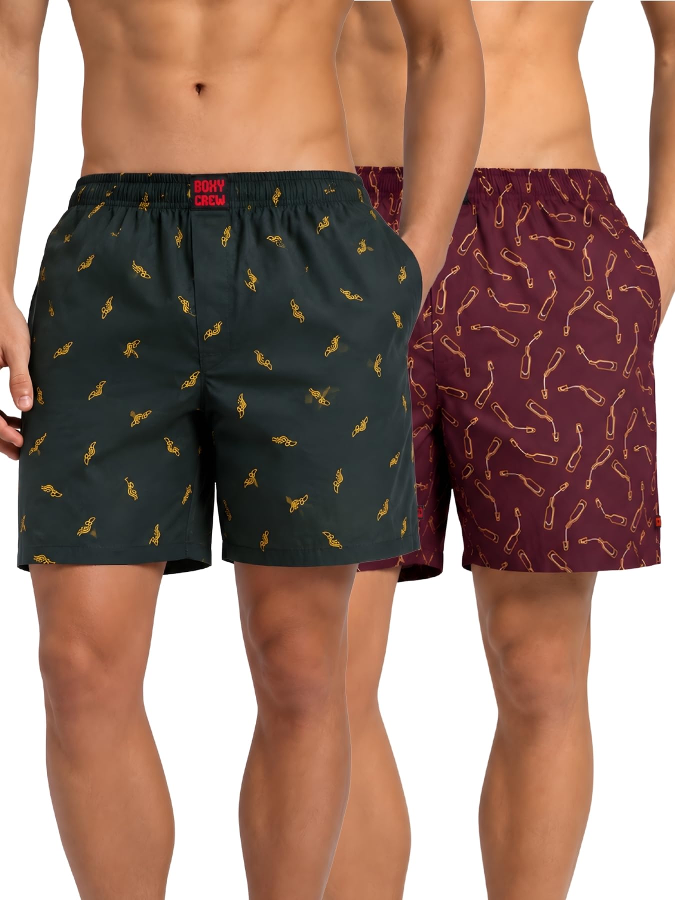 Men Boxer Shorts Pack of 2, 100% Cotton Woven Boxers, Dark Teal & Maroon, Printed Designs, Dual Side Pockets, No-Marks Inner Elastic Waistband, Relaxed Fit Lounge & Sleep Shorts-image-3