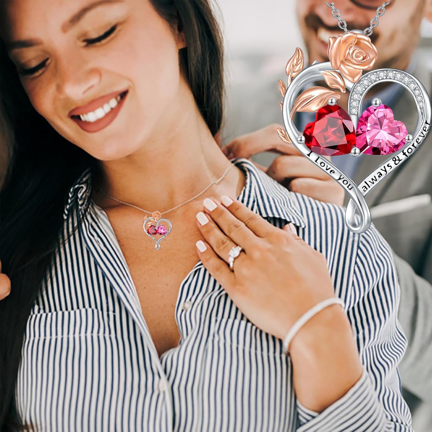 Rose Heart Birthstone Necklace Sterling Silver Two Heart Birthstone Necklace for Women 2 Birthstone Heart Pendant Birthday Christmas Valentine's Day Gift for Wife Mom Lady - Image 5