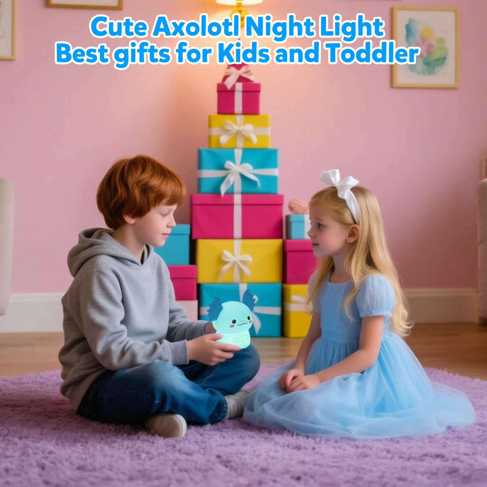 Bonita luz nocturna de ajolote para niños, 7 colores cambiantes y 3 niveles de brillo ajustables, lámpara de noche de silicona recargable, lámpara de noche de animales para habitación de
