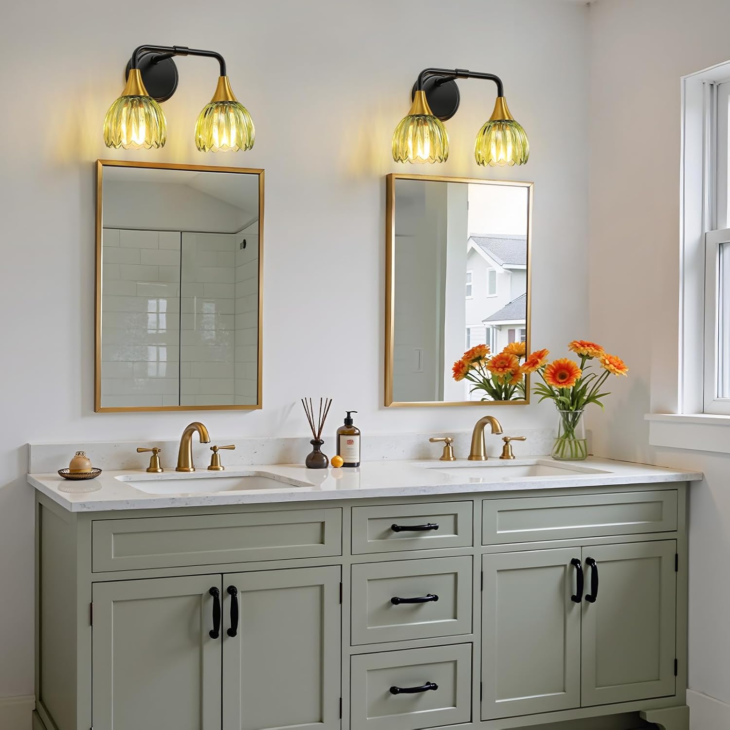 Bathroom Vanity Light Fixtures: 2-Lights Vintage Bathroom Lights Over Mirror with Ribbed Green Tulip Glass Shade - 14 inch Black and Gold Wall Sconce Bath Lighting