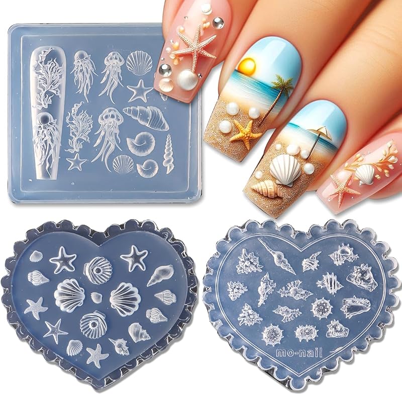 3D Shell Starfish Silicone Nail Molds, 3Pcs Ocean Themed Nail Art Mold | Carving Template, Summer Beach Style Nails Design Tools Nail Mould for Manicure Decoration Accessories