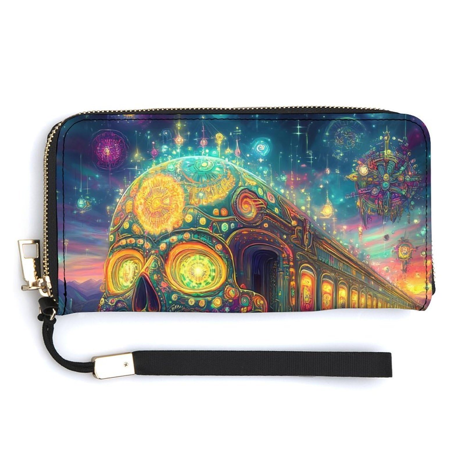 Skull Vintage Steam Train Leather Large Capacity Wallet with Wrist Strap Credit Card Holder Wallets Travel Purse Handbags