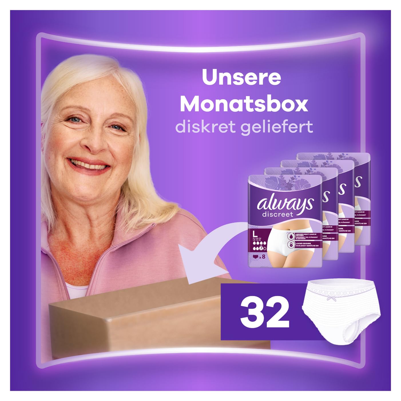 Always Discreet Inkontinenz-Höschen Plus Für Frauen, L, 32 Höschen, Verhindert Auslaufen Und Gerüche, Angenehm Und Kaum Spürbar