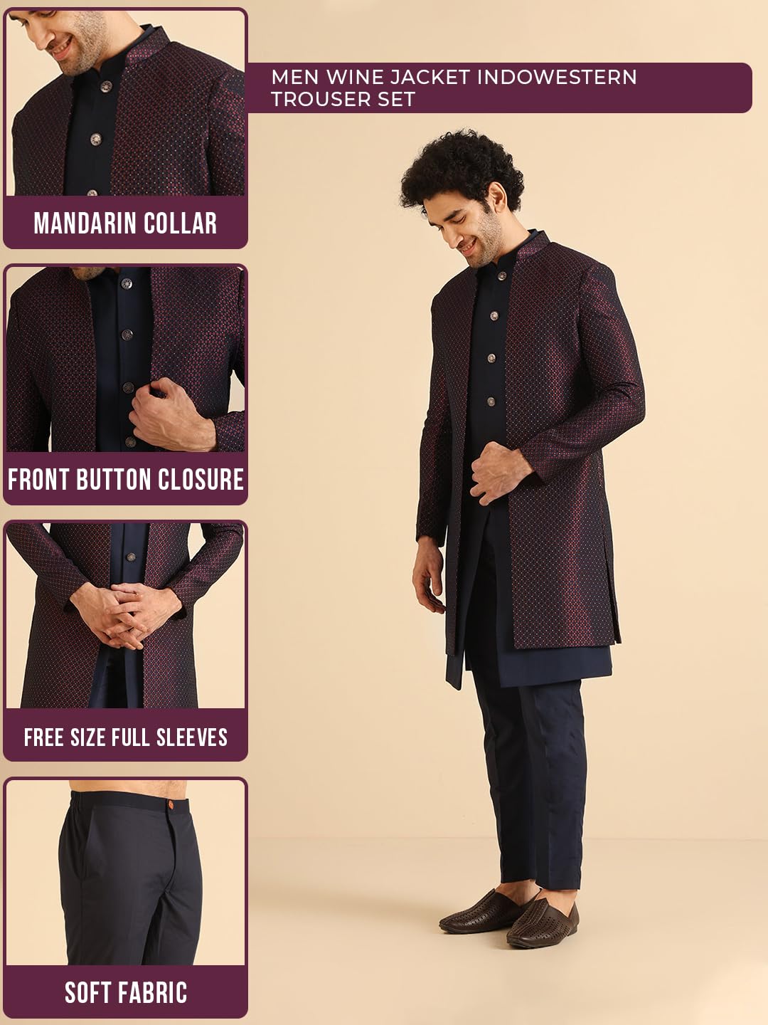 Kisah Jacket Sherwani Set For Men  Woven Design Jacquard Sherwani With Trouser | Ethnic & Formal Indian Outfit For Weddings, Celebrations & Parties, Wine, 44