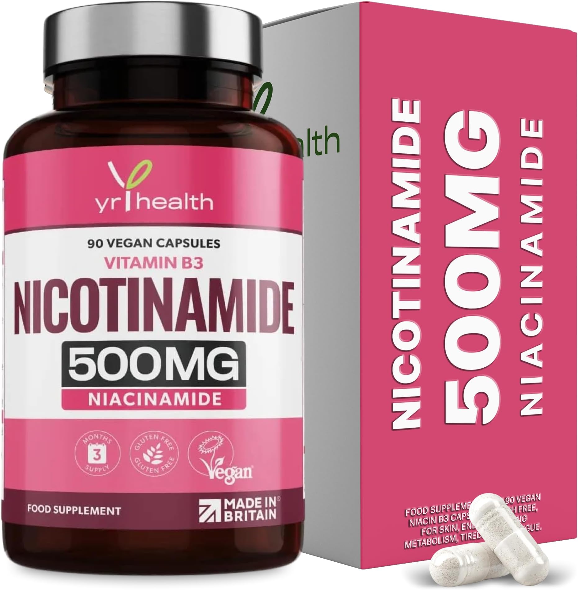 Vitamin B3 Nicotinamide, Niacinamide 500mg - 90 Vegan Niacin B3 Capsules Flush Free, for Skin, Energy Yielding Metabolism, Tiredness & Fatigue, One A Day, 3 Months Supply - Made in The UK By YrHealth