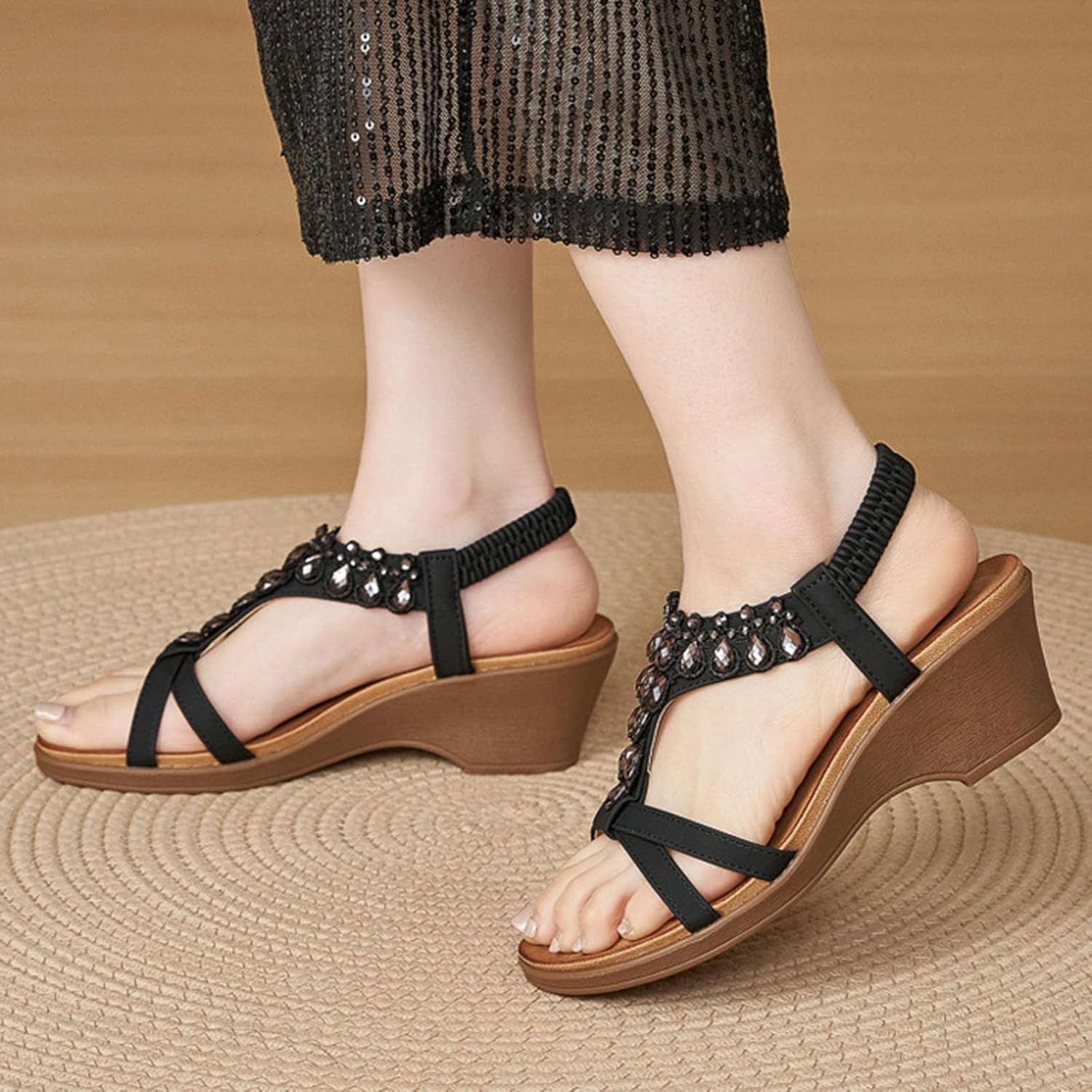 Women's Wedge Low Heel Sandals, Rhinestone Embellished Summer Shoes, Elastic Ankle Strap Dress Sandals, Boho Casual Wedge Heels, Non Slip Platform Sandals, Vacation Beach Footwear