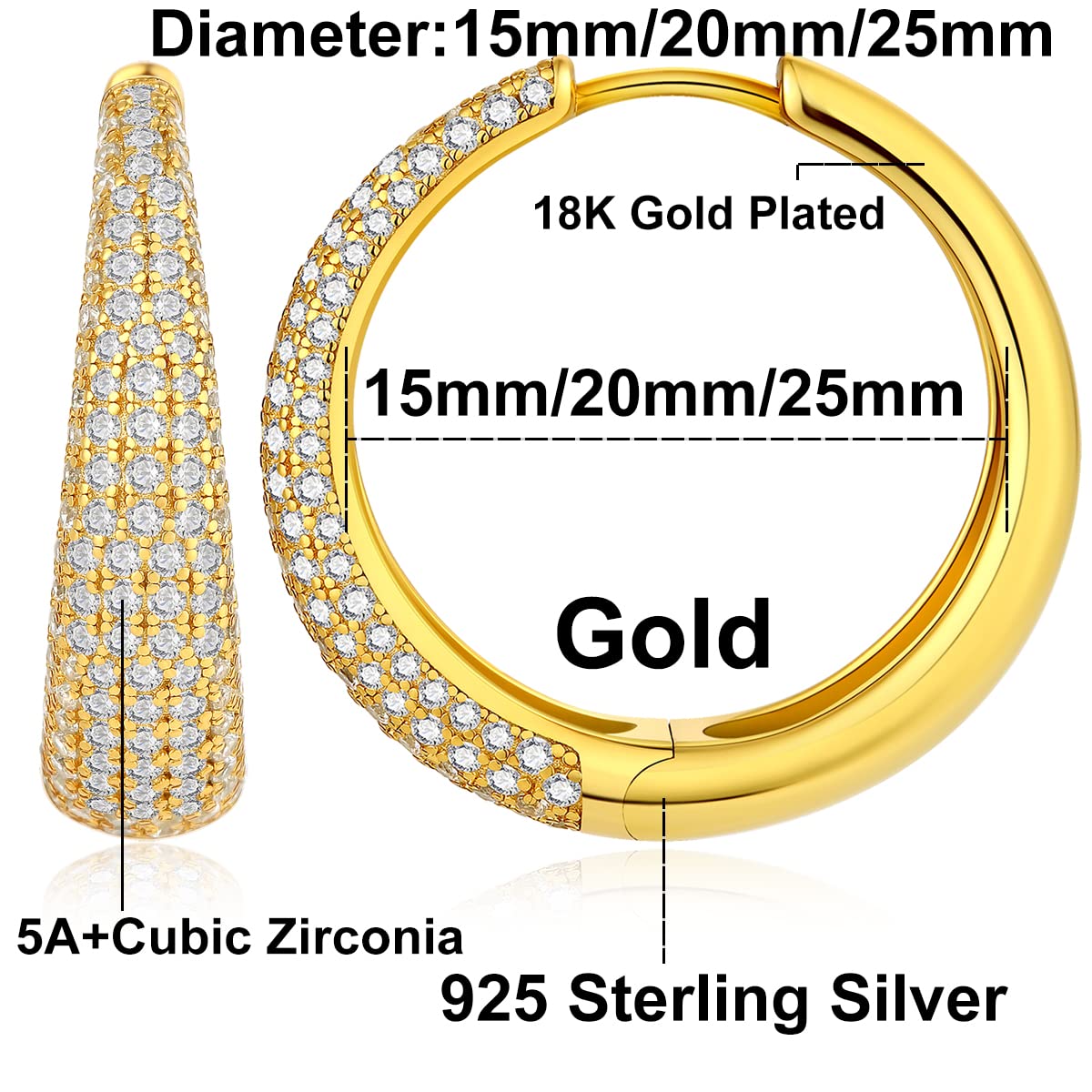 18 Karat Weißgold überzogen Ohrringe Creolen Silber 925 Damen Groß Kreolen mit Glänzend Zirkonia, Hypoallergene Creolen Ohrringe für Mädchen Größe 12.5mm-60mm Creolen Ohrringe