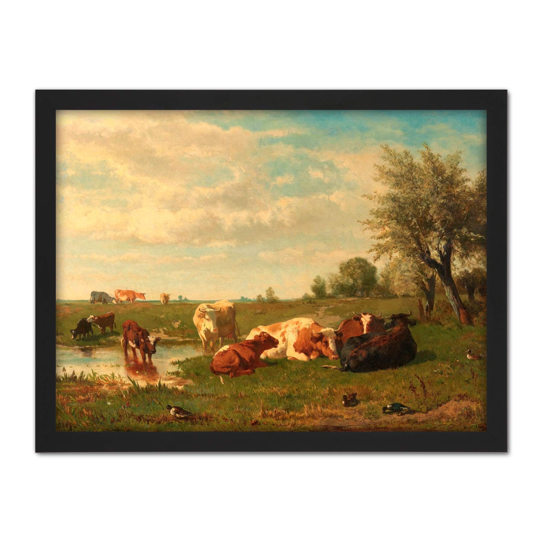 Artery8 Bilders Cows In The Meadow Landscape Painting Artwork Framed Wall Art Print 18X24 Inch