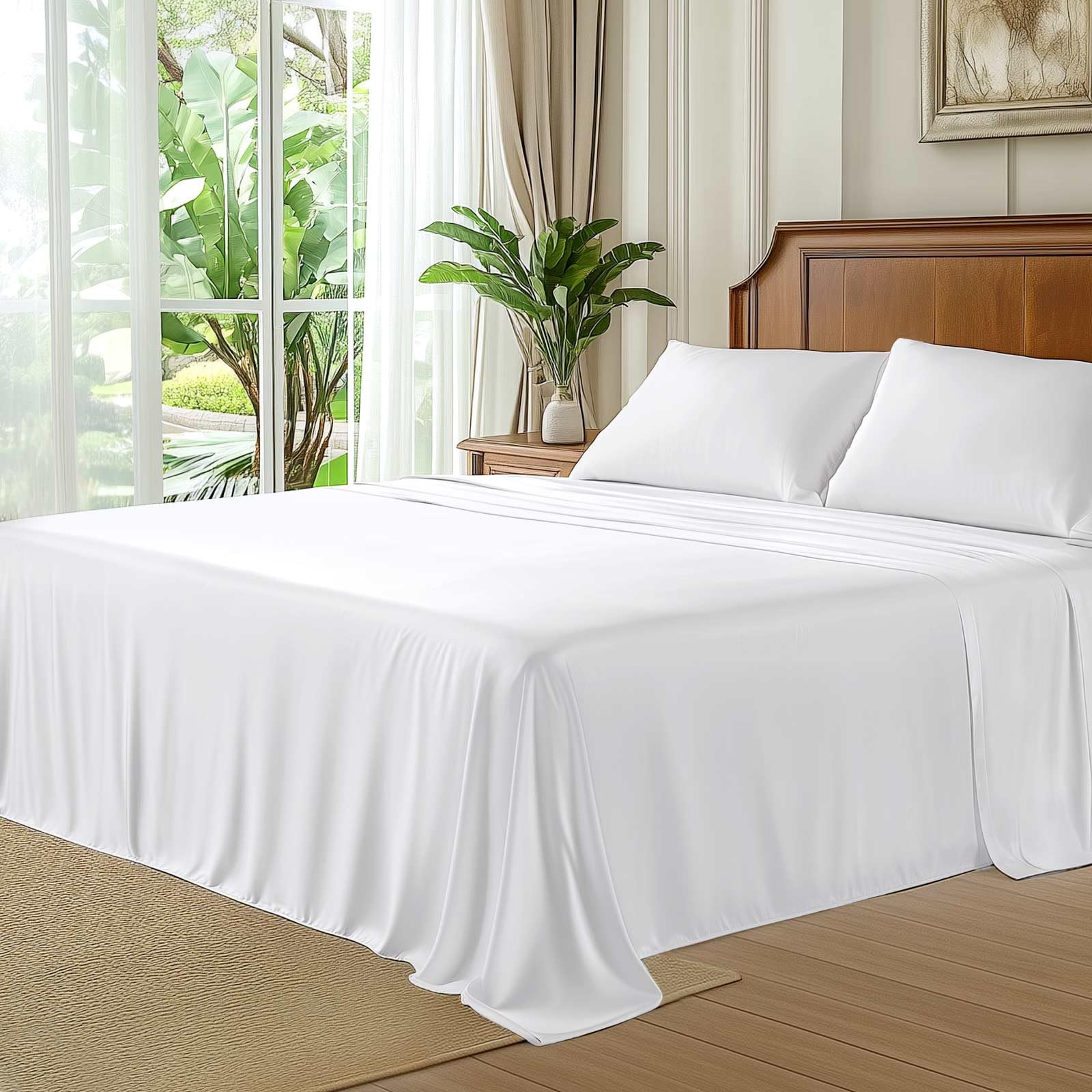 Viscose Derived from Bamboo, Soft Cooling Bedding with Silky Smooth Finish,Extra Deep Pocket, Hypoallergenic, Breathable, 4 Piece King Size Luxury Hotel White Bed Sheet Set, Oeko-Tex Certified