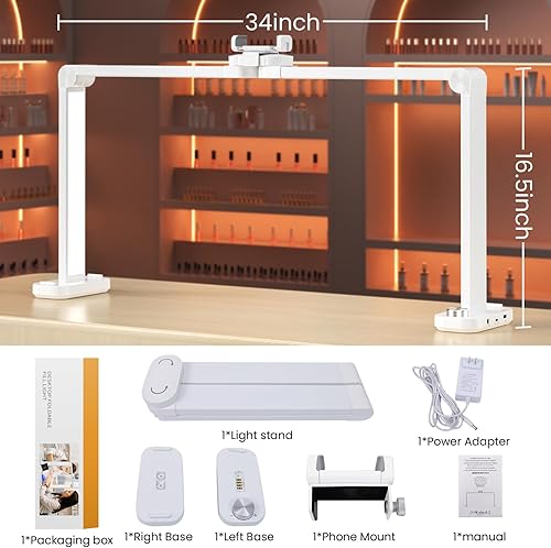Miniatura 6 de Luz de uñas para escritorio, 34 pulgadas, 48 W, media luna, ajustable, temperatura de color de 3000 K-6000 K, 0-100% de brillo, lámpara de uñas con