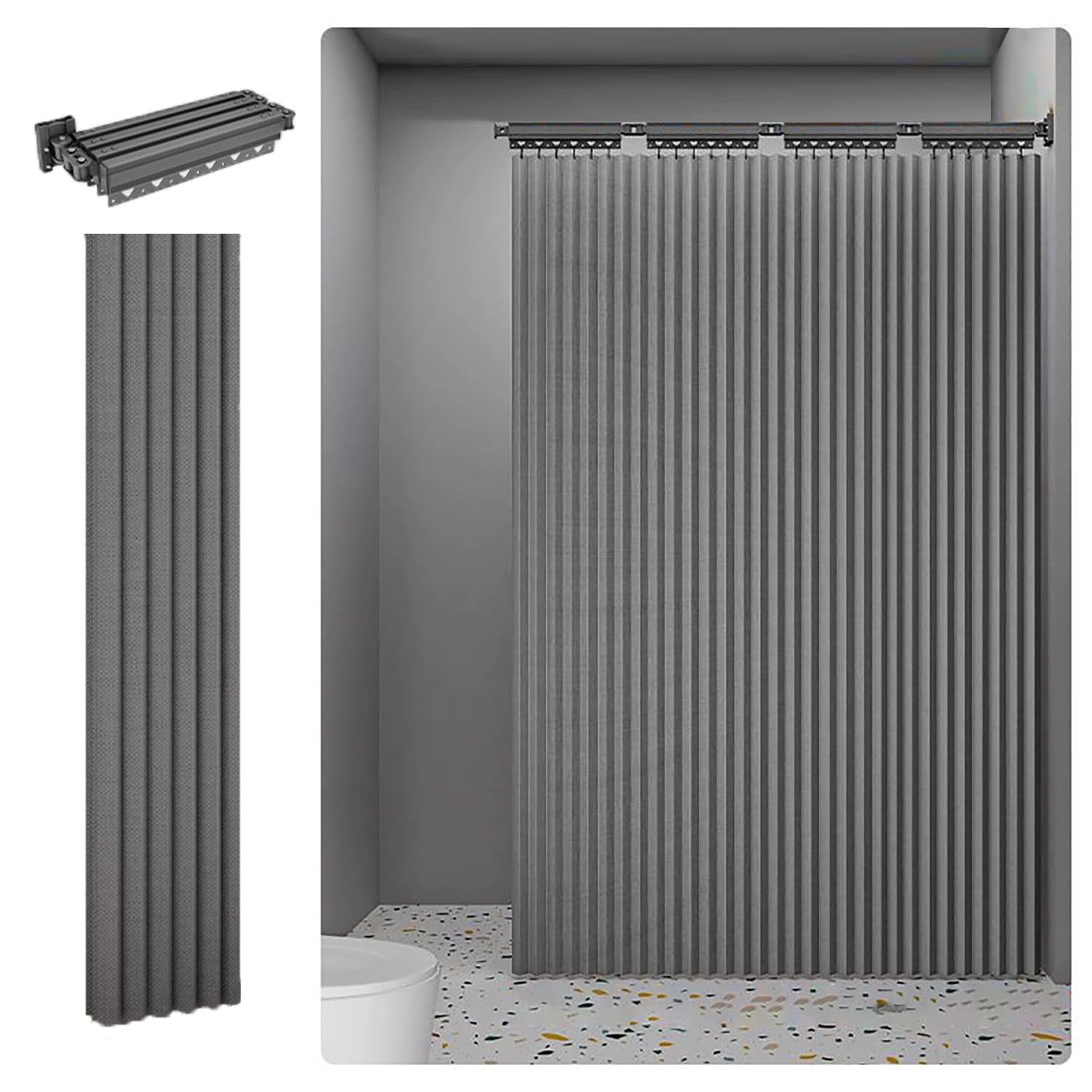 Rideau Douche Anti Moisissure，Barre de Douche Angle Sans Percage，Douche Angle Réglable/Extensible, Perforation/Collage, Rideaux de Douche Imperméable Tissu en Lin，Rangement Invisible（180x200cm）