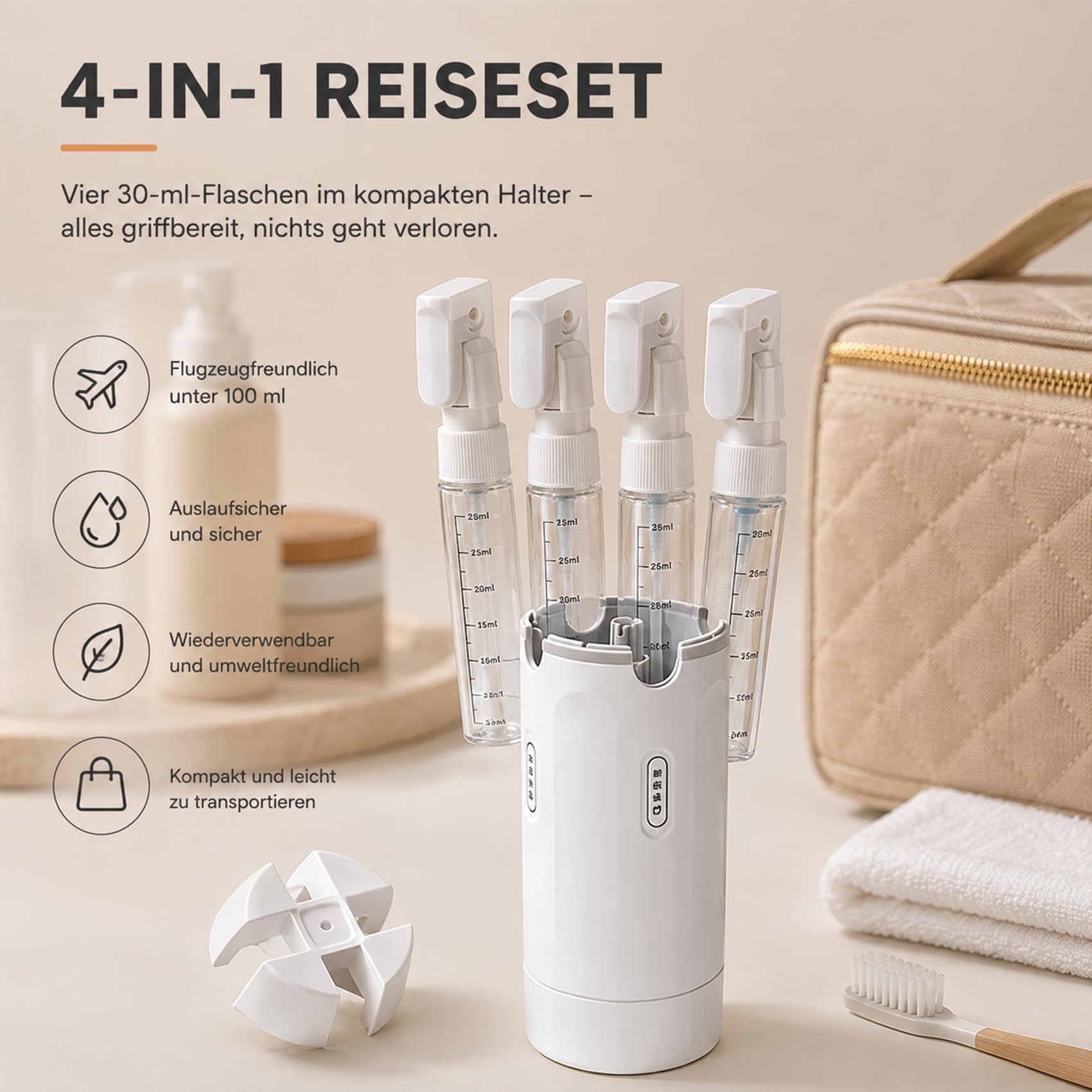 Mycleanvo Spender, Cleanvo 4-In-1 Reise- & Gym-Spender, My Cleanvo Auslaufsicheres Reiseflaschen-Set Mit Skalierung und Etikett, Die Ideale Wahl für Reisen und Fitness (Weiß)
