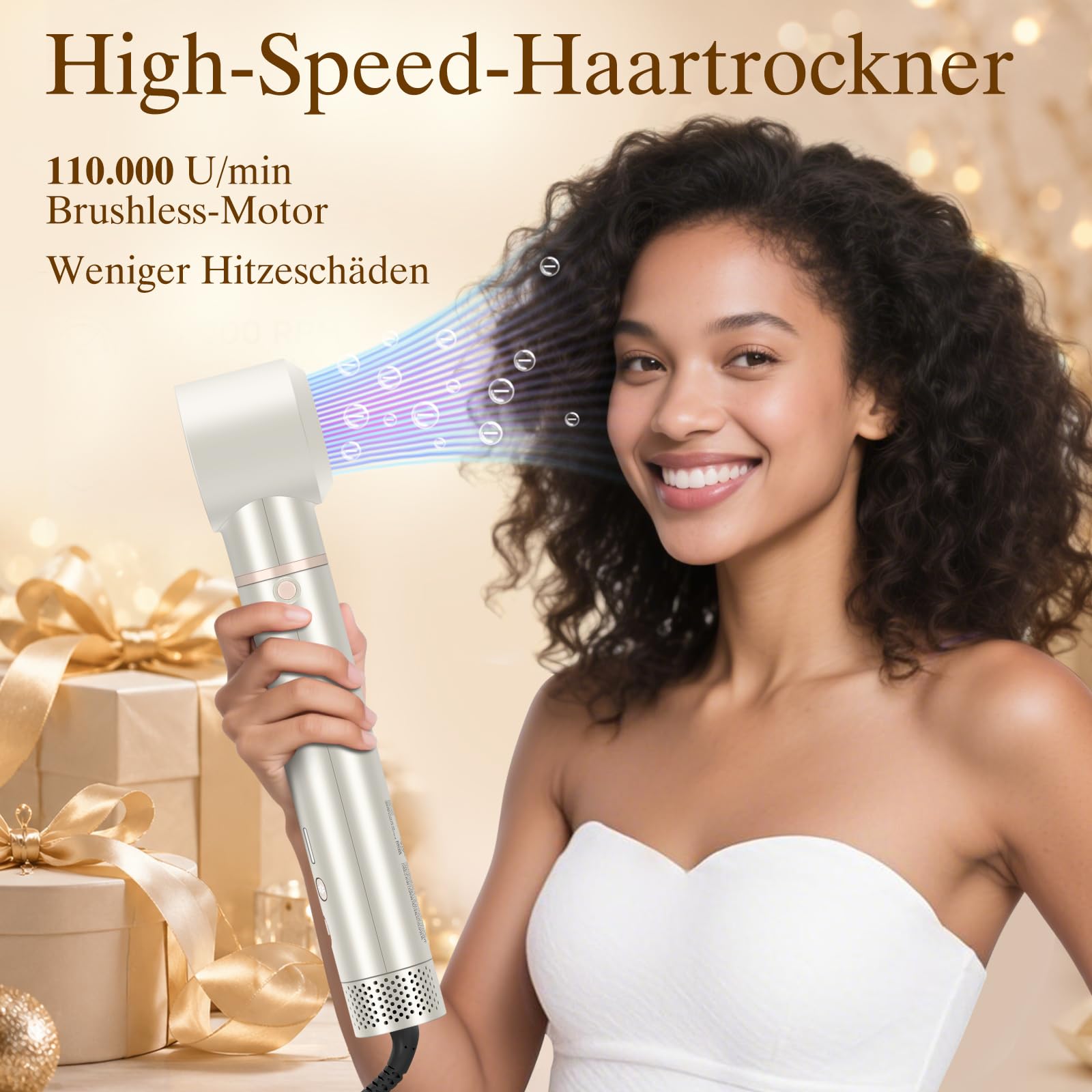 7 in 1 AirStyler, Automatische Doppelspannung MaxAIR 2.0 Multi-Styler Set | mit Luftglätter, 28mm automatischer Lockenwickler, 110000 U/Min, Glättender Finish-Aufsatz, Diffusor, Champagnersilber