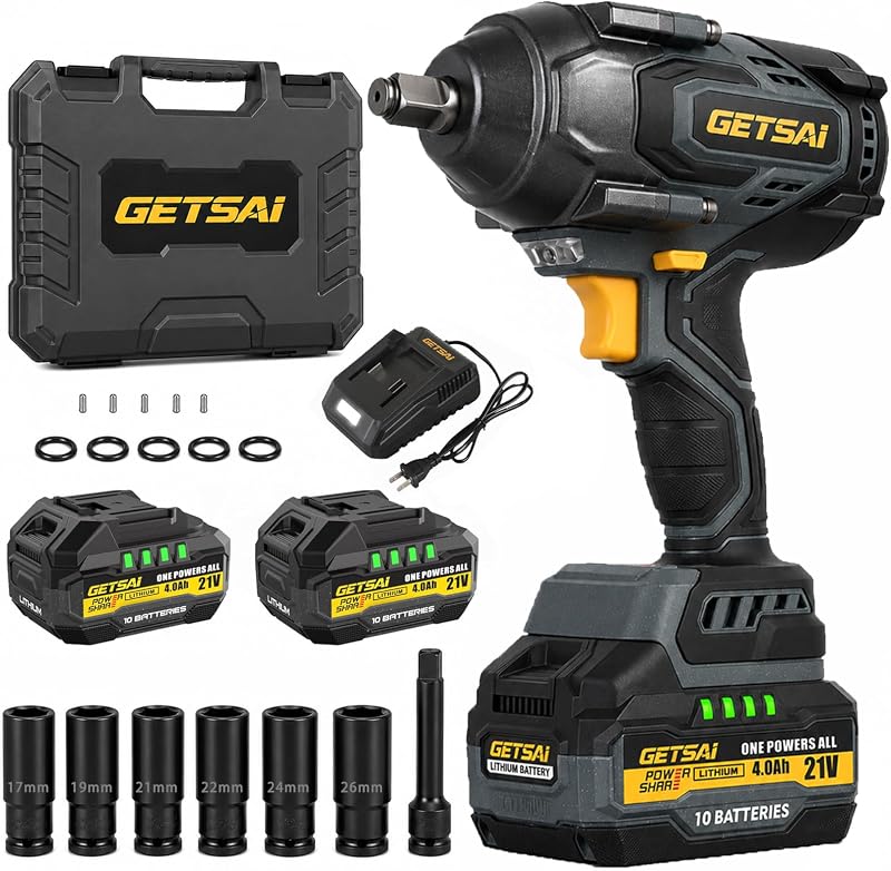 Llave de impacto 1700N.m, 1/2 1254 pies-lbs Pistola de impacto inalámbrica de par súper alto con batería de 2x4.0Ah, Pistola de impacto eléctrica con 6 enchufes, Llave de impacto sin escobillas 3500IPM para camión/camioneta