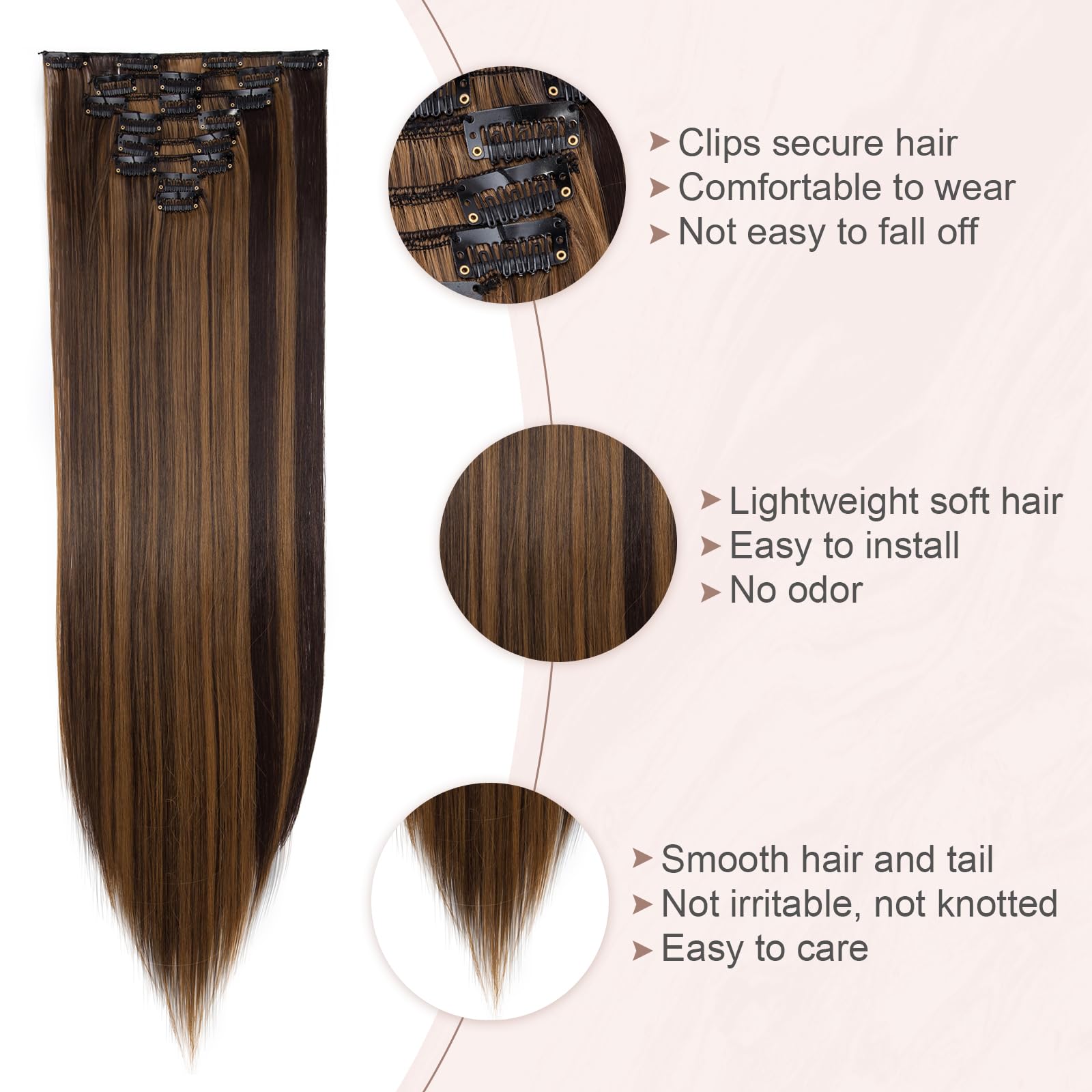 SEGOHAIR Hair Extensions Clip in 8Pcs 18 Clips Synthetic Fiber Seamless 26" Long Straight Full Head -Dark Brown mix Sandy Blonde - Image 4