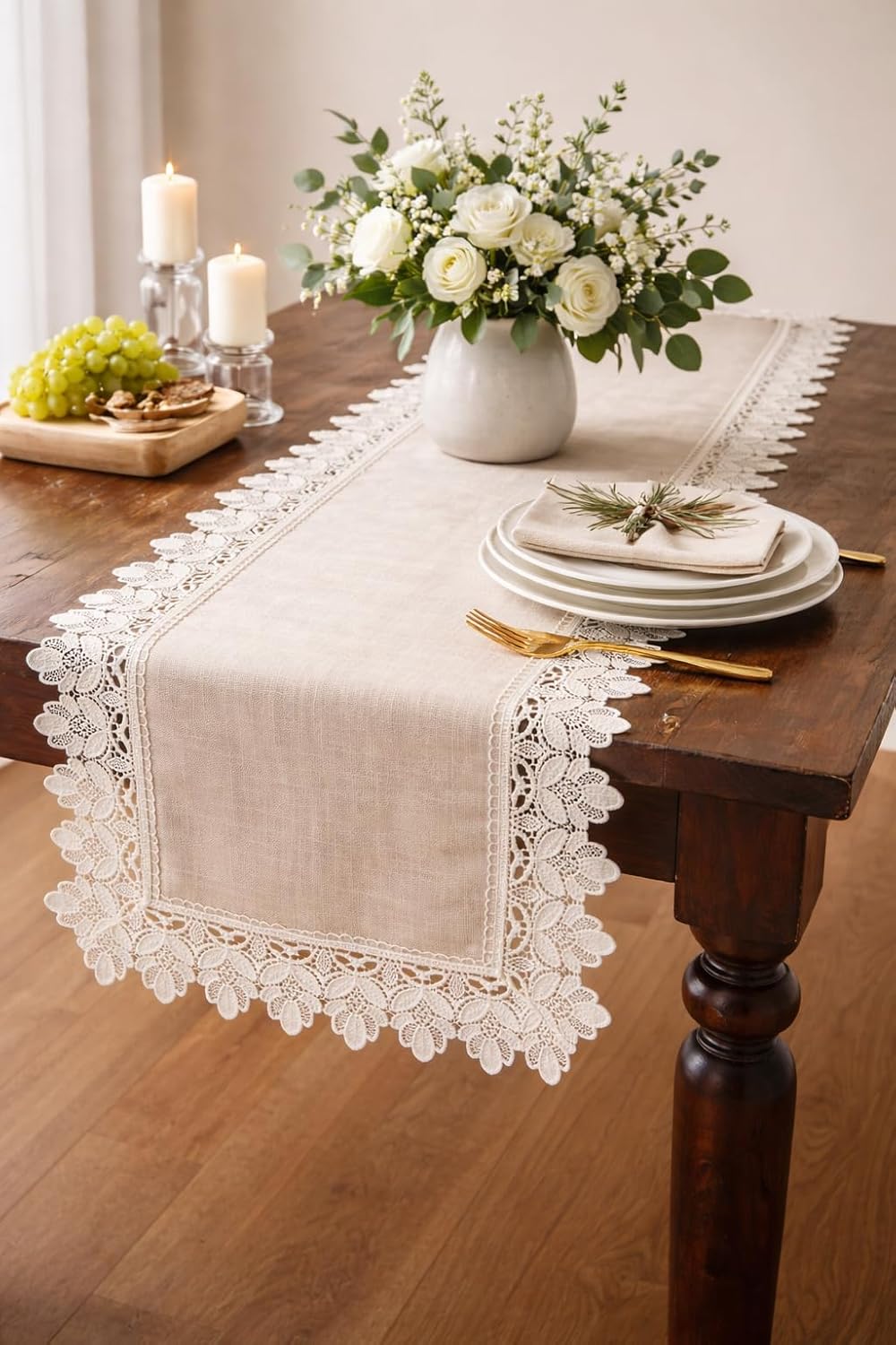 Fennco Styles Venetto Lace Trimmed Elegant Table Runner 16 x 72 Inch - Taupe Table Cover for Home Décor, Banquets, Wedding, Family Gathering and Special Events