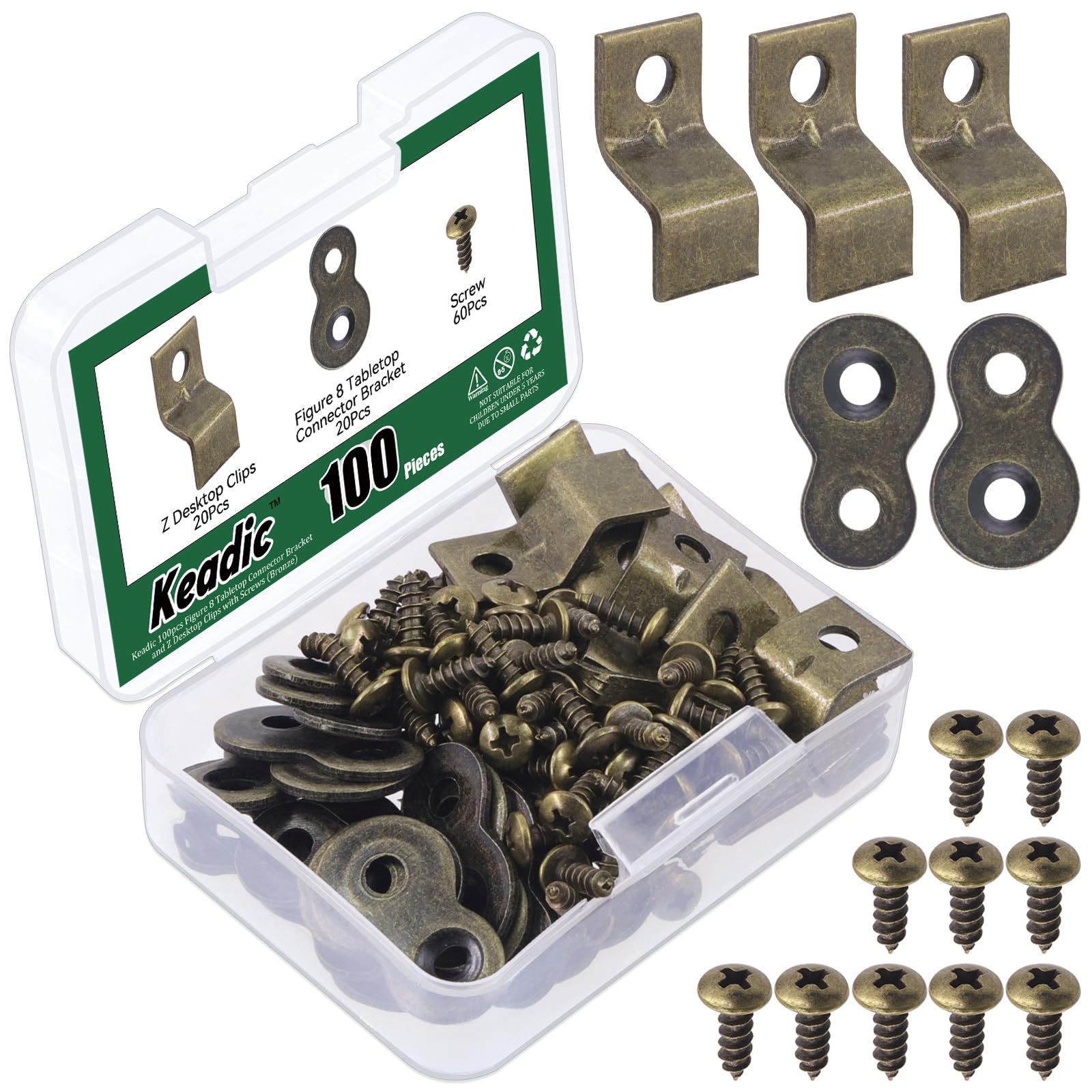 Keadic 101Pcs Heavy Duty Table Top Fasteners with Screws, Figure 8 Tabletop Connector Bracket and Z Desktop Clips for Wood Furniture (Bronze)