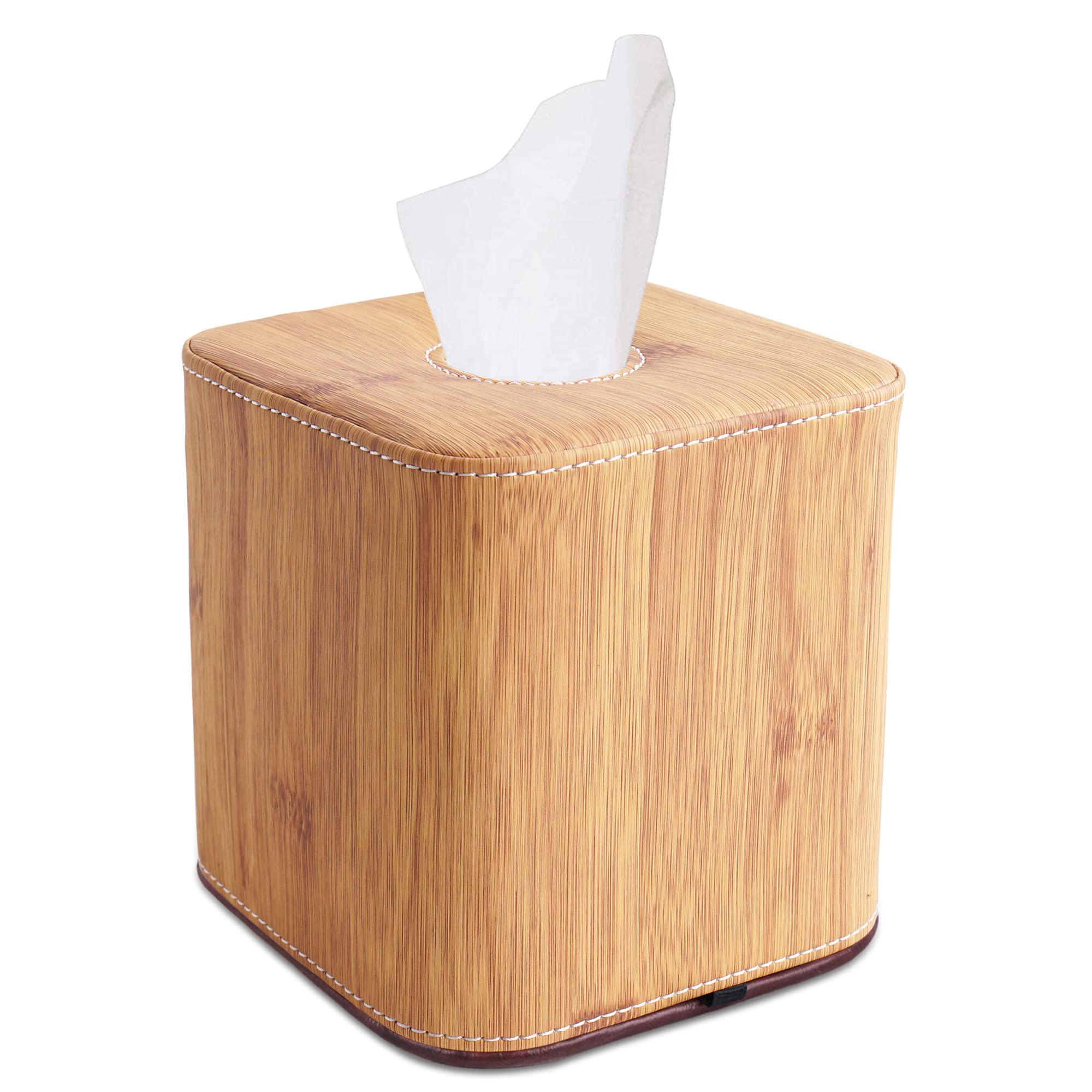 QIELIZI Tissue Box Cover,PU Leather Magnetic Closure Tissues Cube Box Cover for Bathroom Vanity Countertops, Bedroom Dressers, Night Stands, Desks and Tables(Wood-Beige)