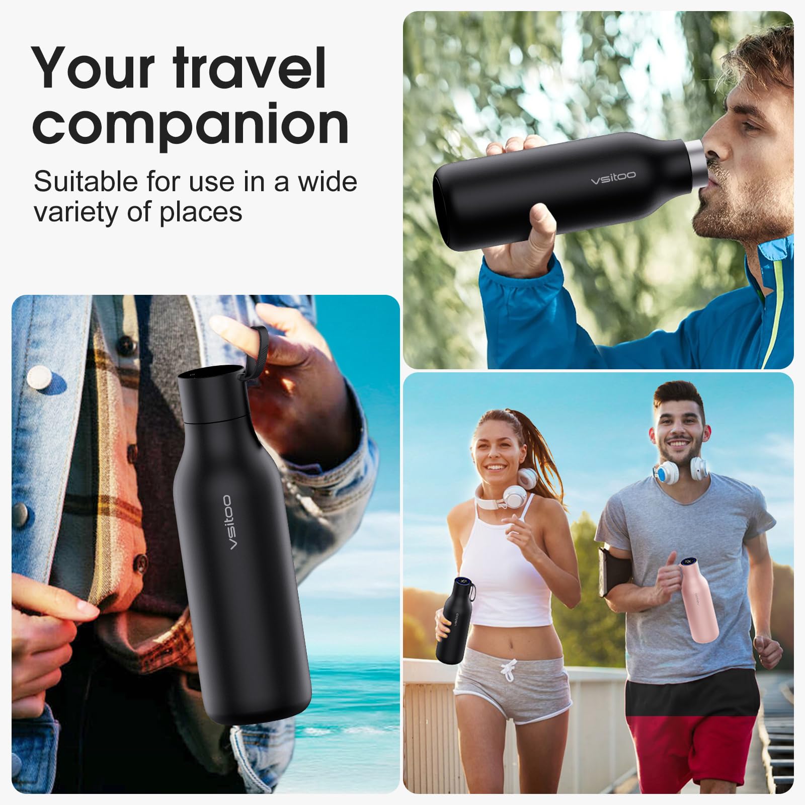VSITOO 33oz Smart Self-Cleaning Water Bottle，Large Insulated Stainless Steel Bottle with AI Self-Clean, 30-Day Battery & Magnetic Charging for Outdoor Travel, Gym or Office, Black