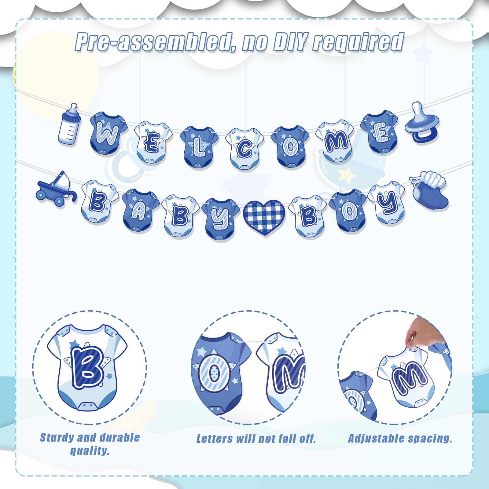 Welcome Baby Banner for Boy Pre-Strung Blue Baby Shower Decorations Hanging Sign Garland for Welcome Home Boy Party Celebration Supplies - Image 4