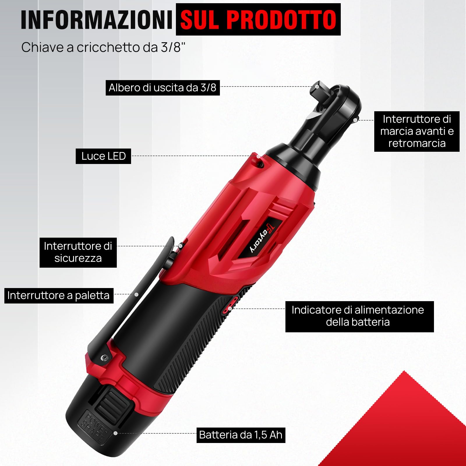 Set di chiavi a cricchetto elettriche a batteria con 7 bussole, 40N.m 12V Electric Ratchet Wrench Kit Power Wrench con luce LED, include caricabatterie rapido, doppia batteria, guanti(Rosso)