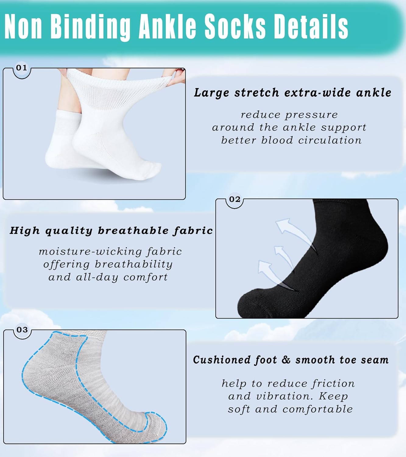 Men's Diabetic Socks Extra Width for Swollen Wide Feet,Neuropathy,Bariatric,Non Binding Loose Fit Ankle Sock 6 Pairs - Image 3
