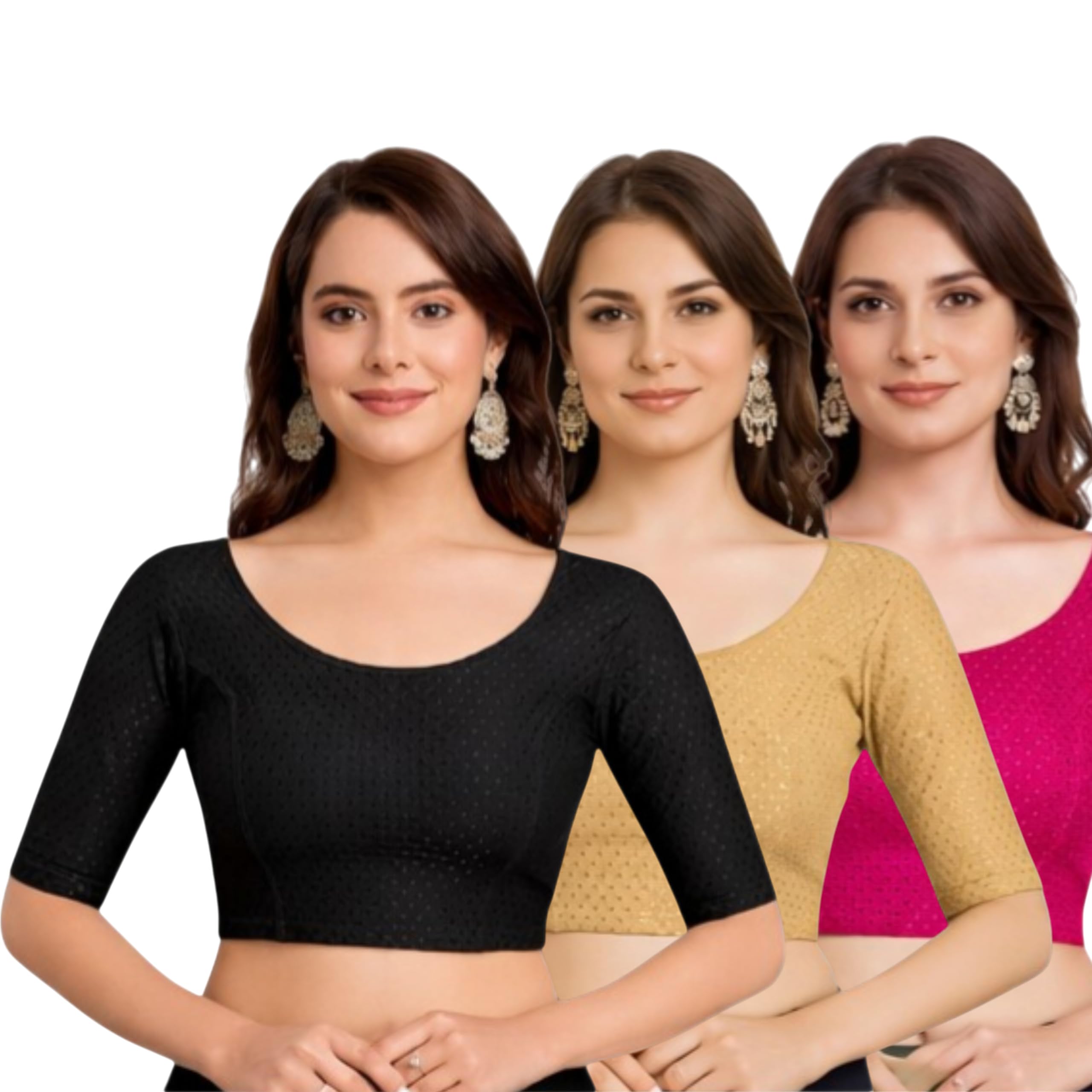 aulbo Blouses for Women Readymade Stylish Pack of 3 | Ready to Wear Saree Blouse Combo Set | Stretchable Cotton Blend Elbow Sleeve Choli | Premium Textured Ethnic Wear-picture-13