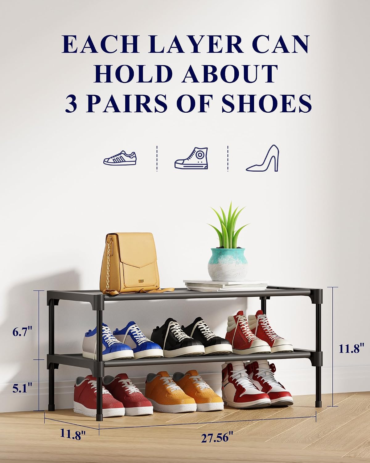 Kitsure Shoe Rack - Non-Woven Shoe Rack Shelf, Shoe Organizer for Closet, Entryway, Garage & Corridor, Stackable Shoe Shelves, 27.5 Wide - 2 Tier, Black