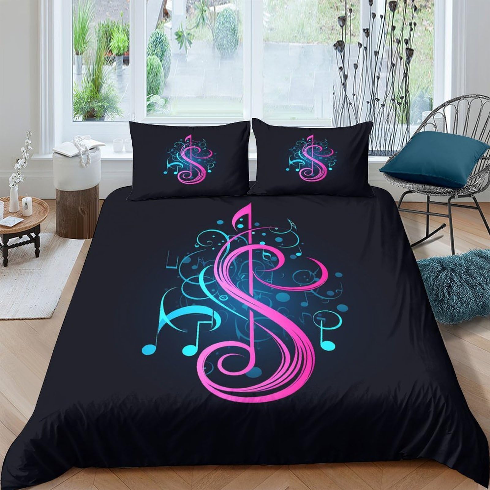 Ctjqhvkz Style-3 3D Printed Musical Note Fitted Sheet Microfiber Black Blue Pink Music Art Bed Cover For Bedroom Guest Room Dorm Decor Mattress Protection Single（135X200cm）