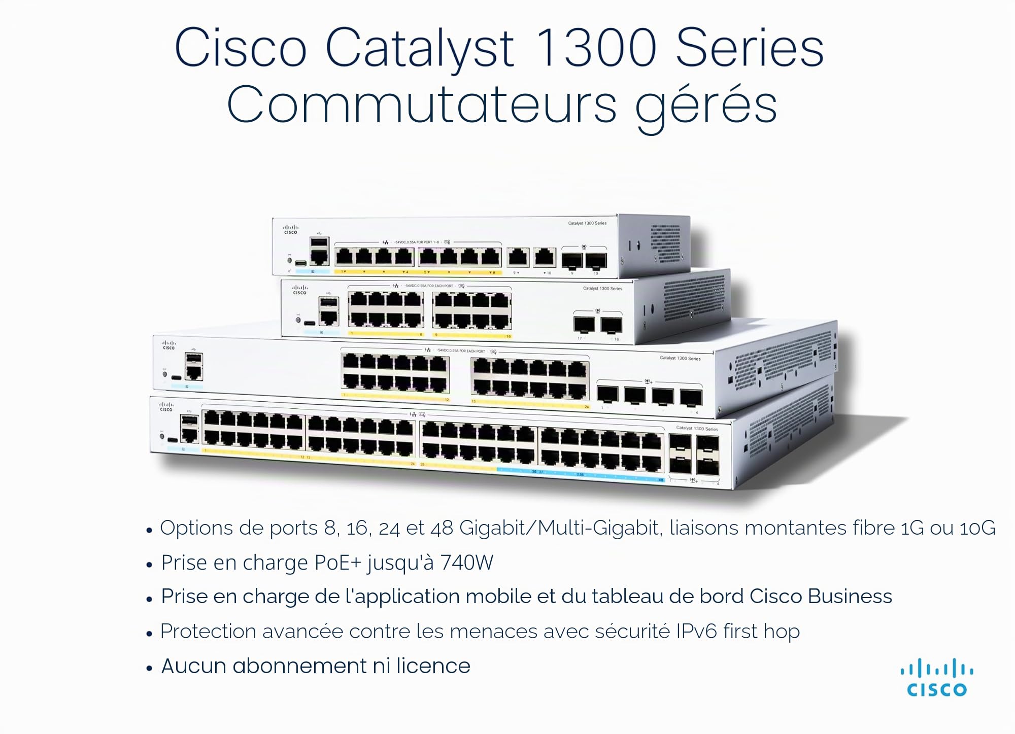 Cisco Commutateur administrable Cisco Catalyst 1300-8P-E-2G, 8 Ports GE, PoE, alim. Externe, Ports combinés 2x1GE, Garantie limitée à Vie (C1300-8P-E-2G)