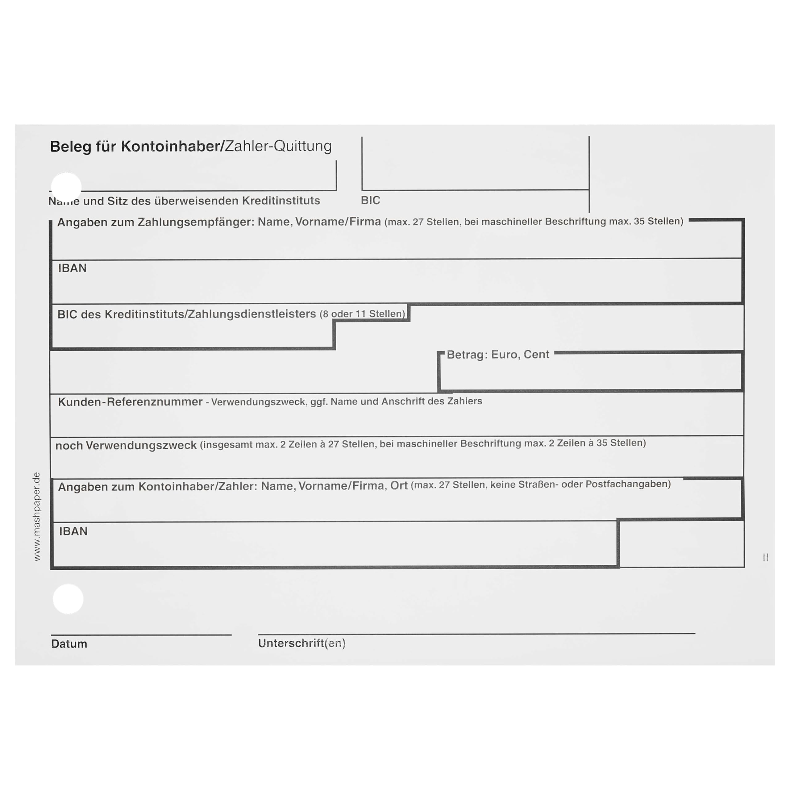 SEPA Überweisungsformular Zahlschein - 100 Stück Überweisungsträger 2-fach | Selbstdurchschreibender Überweisungsschein, DIN A6, 15 cm x 4 1/6 Zoll, ohne IBAN Vorbelegung, international nutzbar, 326211