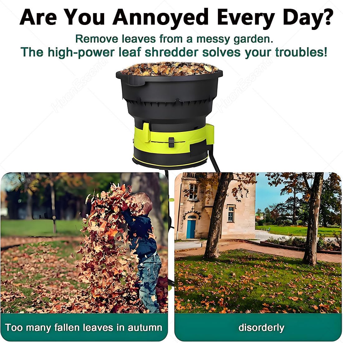 Trituradora eléctrica de hojas con ruedas y bolsa de almacenamiento, trituradora de jardín sin aspas de 2500 W, tolva de 54 cm de ancho para compostaje y desechos de jardín
