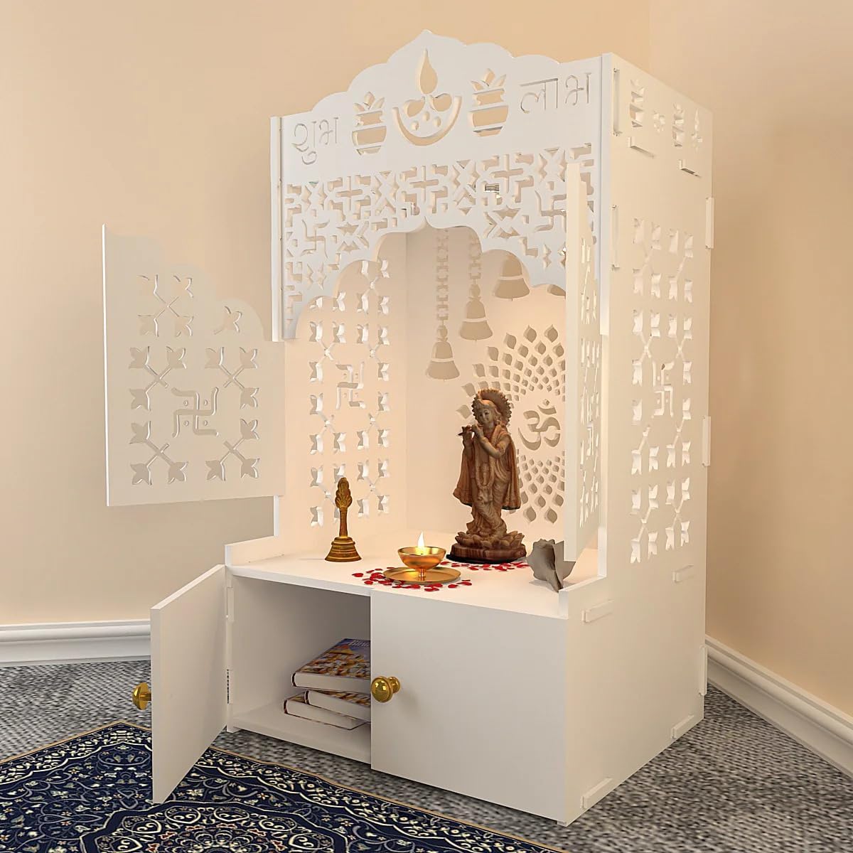OM Chakkra Wooden Floor Big Temple with Door & Spacious Shelf & Inbuilt Focus Light | Temple for Home (Size-18D*22.5W*38H inch)