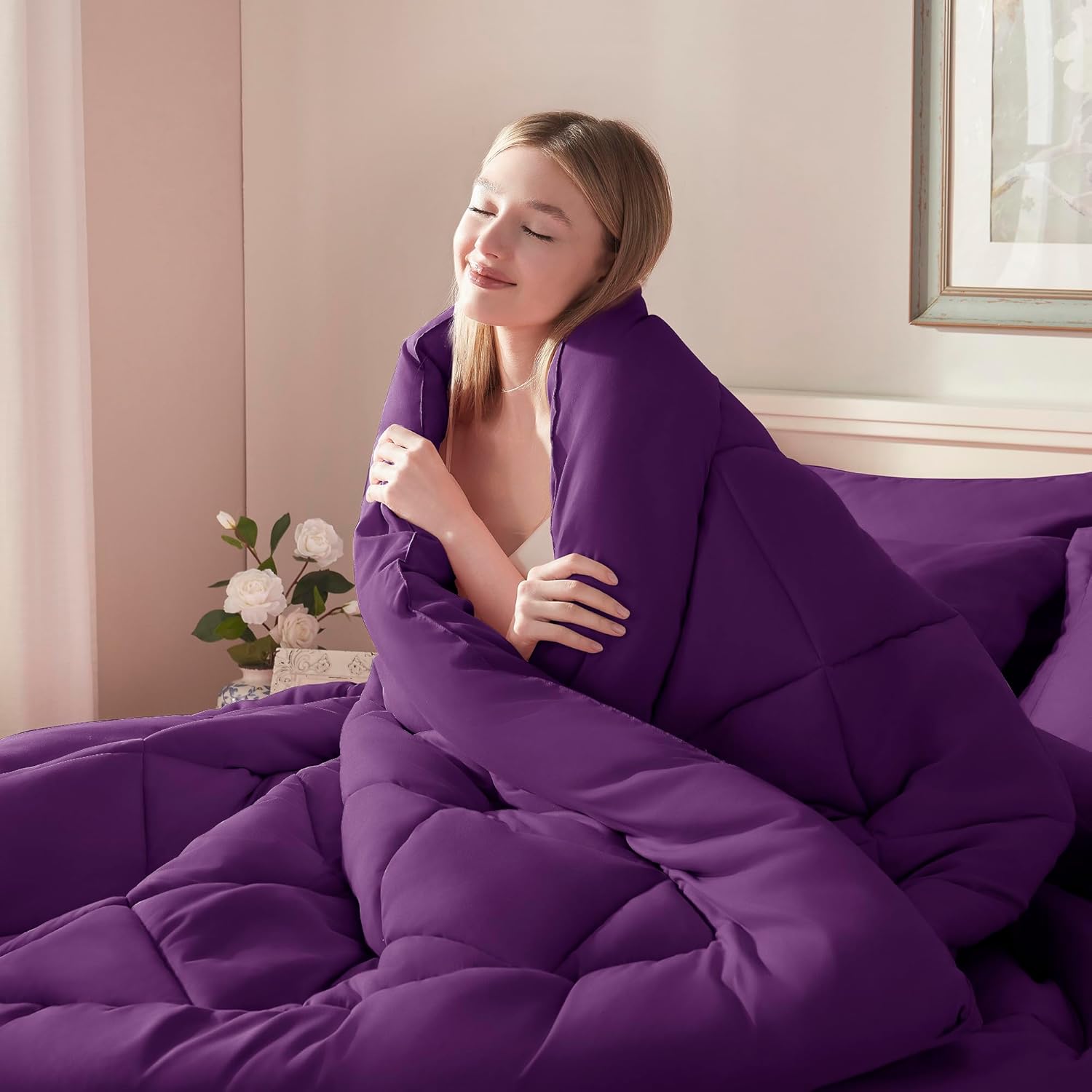 ELNIDO QUEEN® Purple Comforter Set Queen - 7 Pieces Bed in a Bag Queen Size, Bed Set for All Seasons, Ultra Soft Bedding Sets with Comforter, Flat Sheet, Fitted Sheet, Pillowcases and Pillow Shams