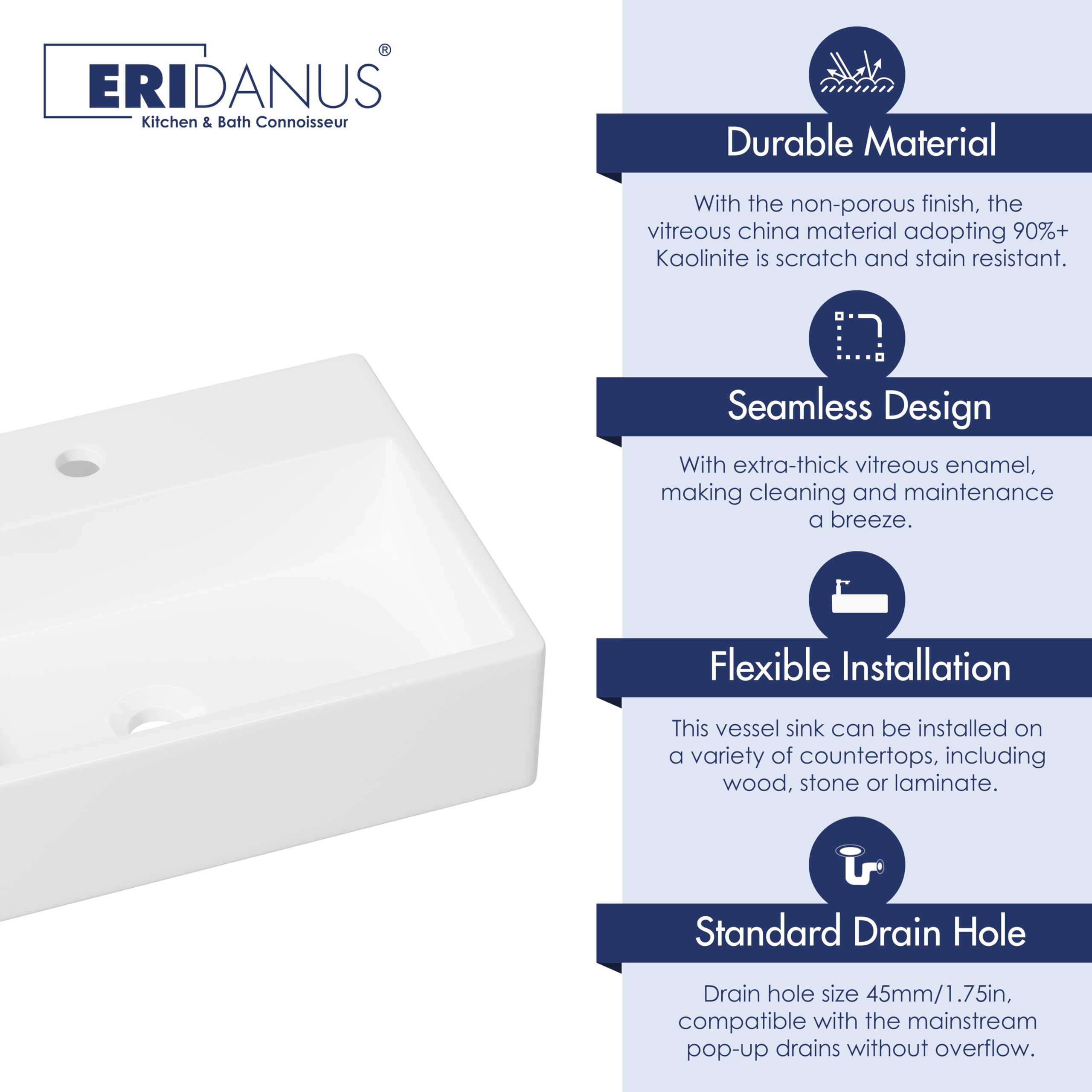Eridanus Lavabo de cerámica colgante, lavamanos rectangular de porcelana vítrea en blanco brillante, lavabo de cerámica para muebles de tocador, 490 x 360 x 135 mm