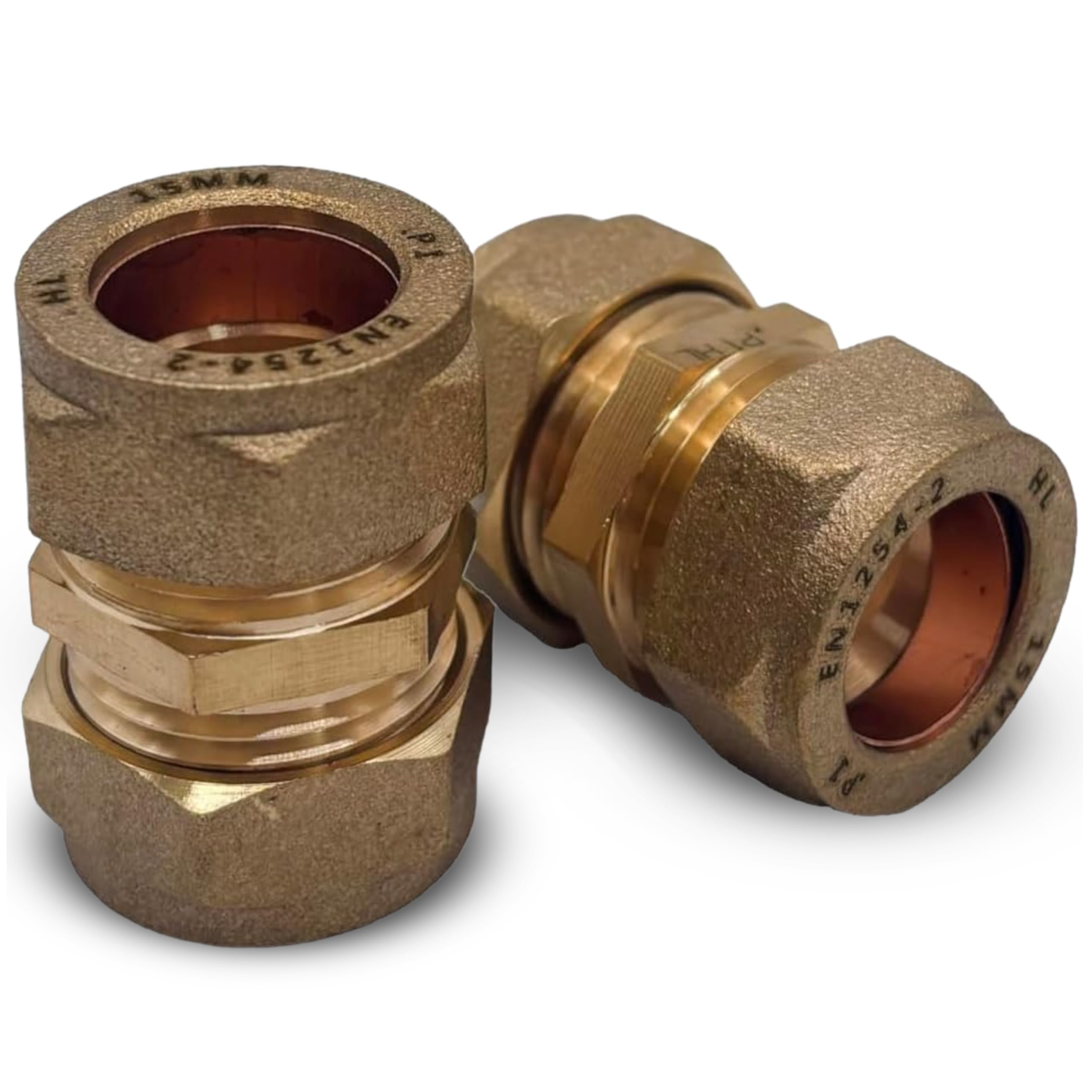 WRAS 15mm Straight Coupling Brass Compression Fittings Pack of 2, BS EN 1254-2 Compliant Plumbing Fittings for Copper Pipe, Ideal for 15mm Copper Pipe Connections