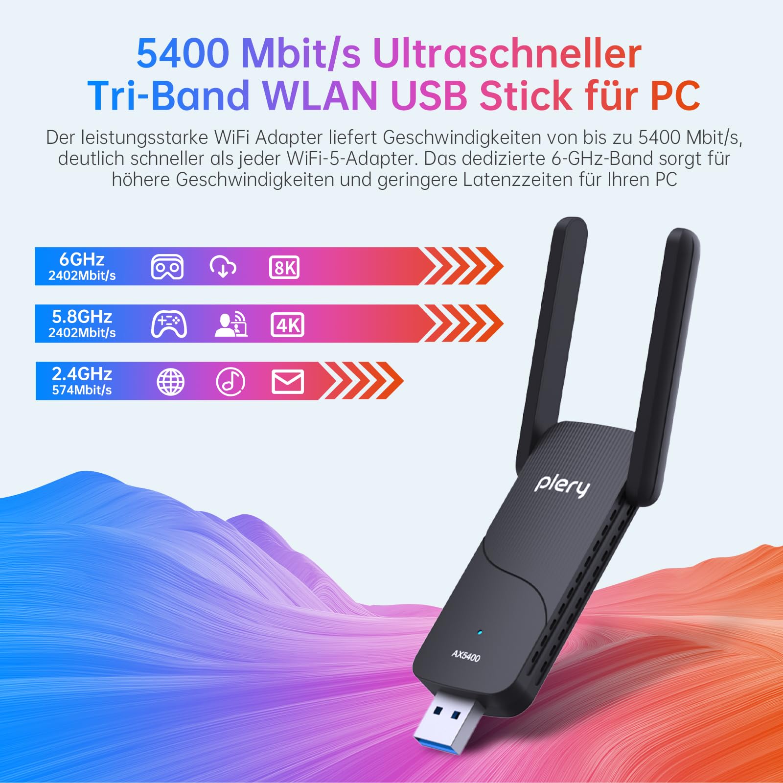 AXE5400 - Chiavetta WLAN per PC, tri-band 6 GHz/5 GHz/2,4 GHz USB 3.0 WiFi adattatore con antenne 5dBi, WPA3, solo per Windows 11/10, adattatore Wi-Fi PC con latenza estremamente bassa per