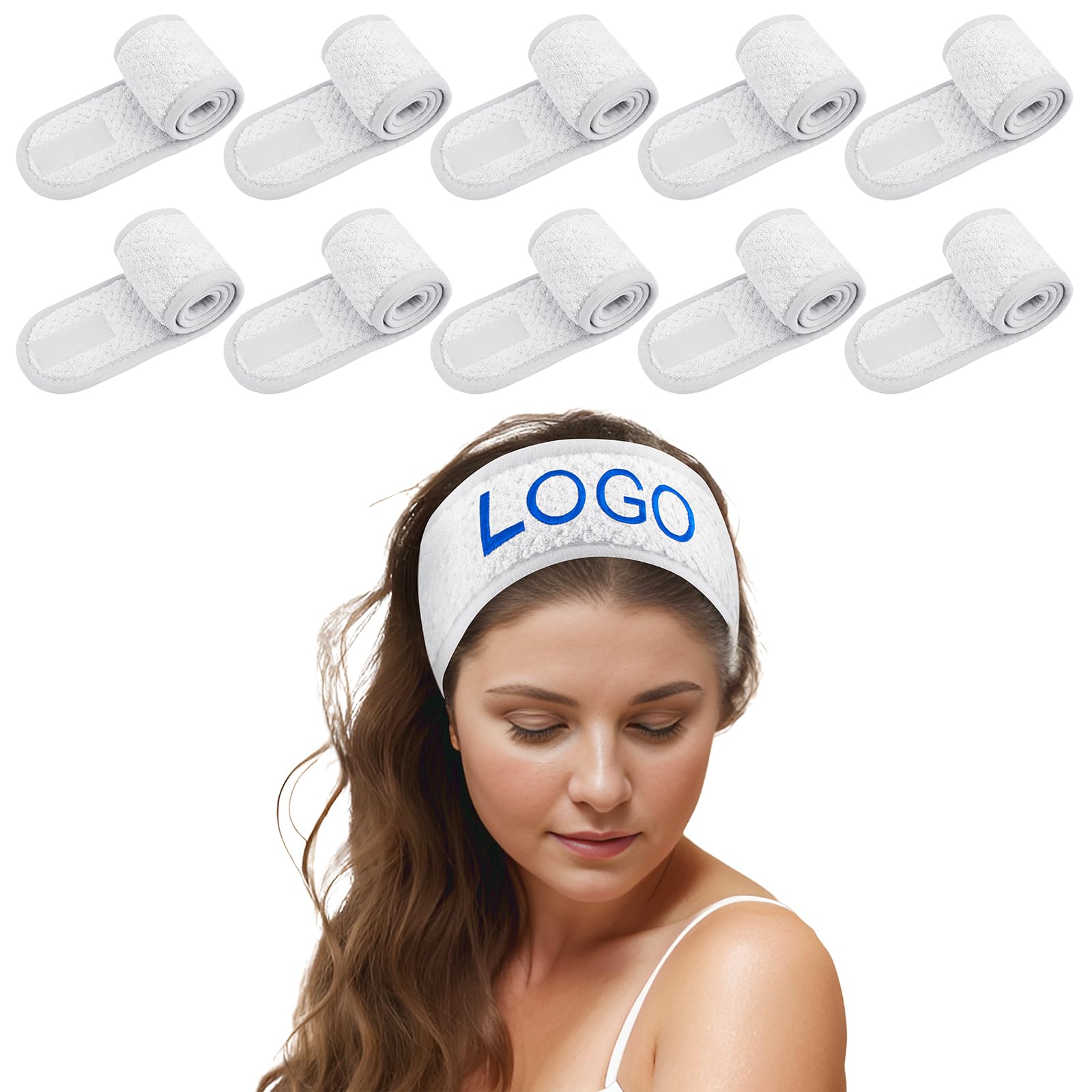 TOPTIE 10 Stück Personalisiertes Frottee Haarband für Make-up Kosmetik Stirnband mit Klettverschluss- Weiß